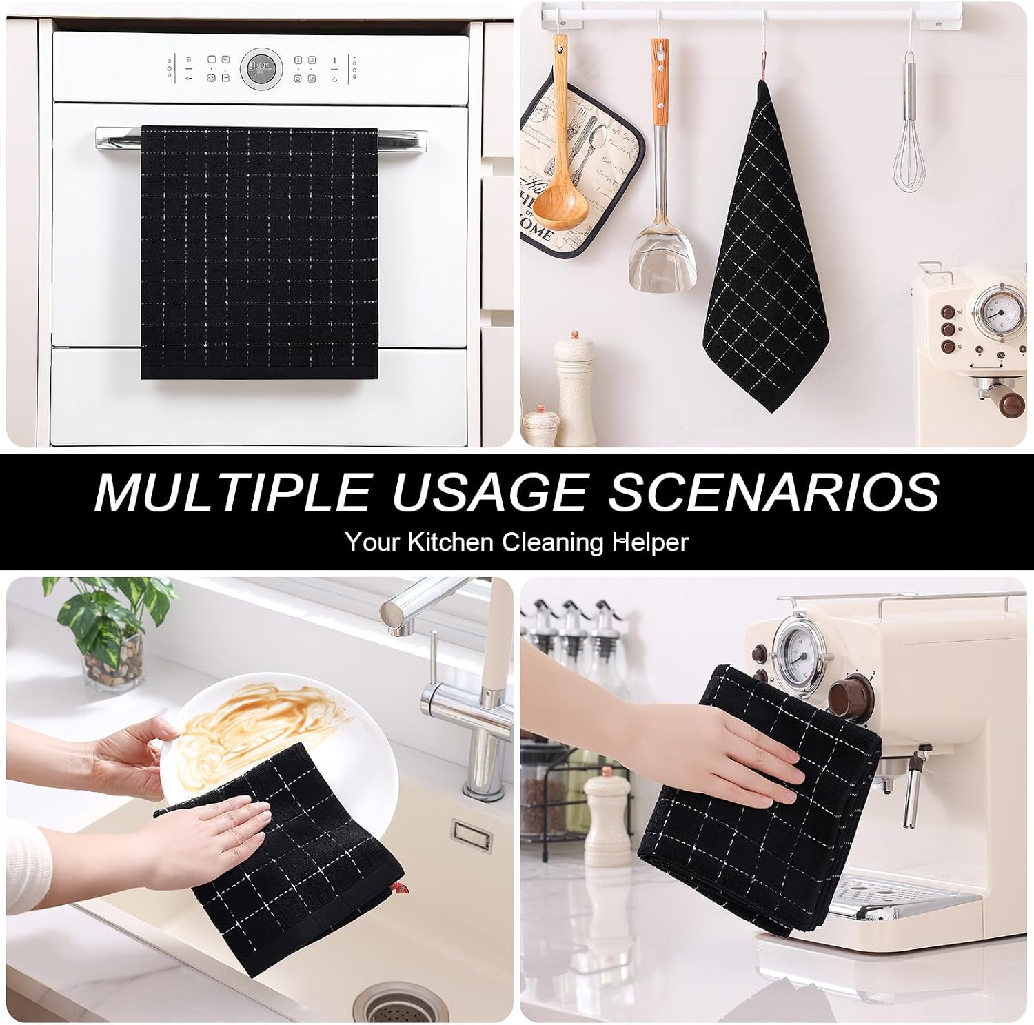 Homaxy Kitchen Towels and Dishcloths Set, Set of 12, Black | Bulk Cotton Terry Kitchen Towels, Checkered Designed, Soft