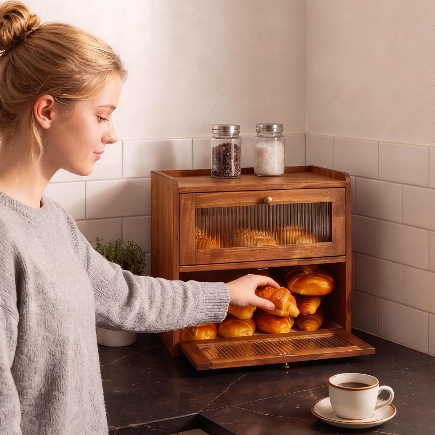 Alpeir Wooden Bread Box for Kitchen Countertop, Large Double Layer, Brown | Food-Safe Pine Wood, Double-Row