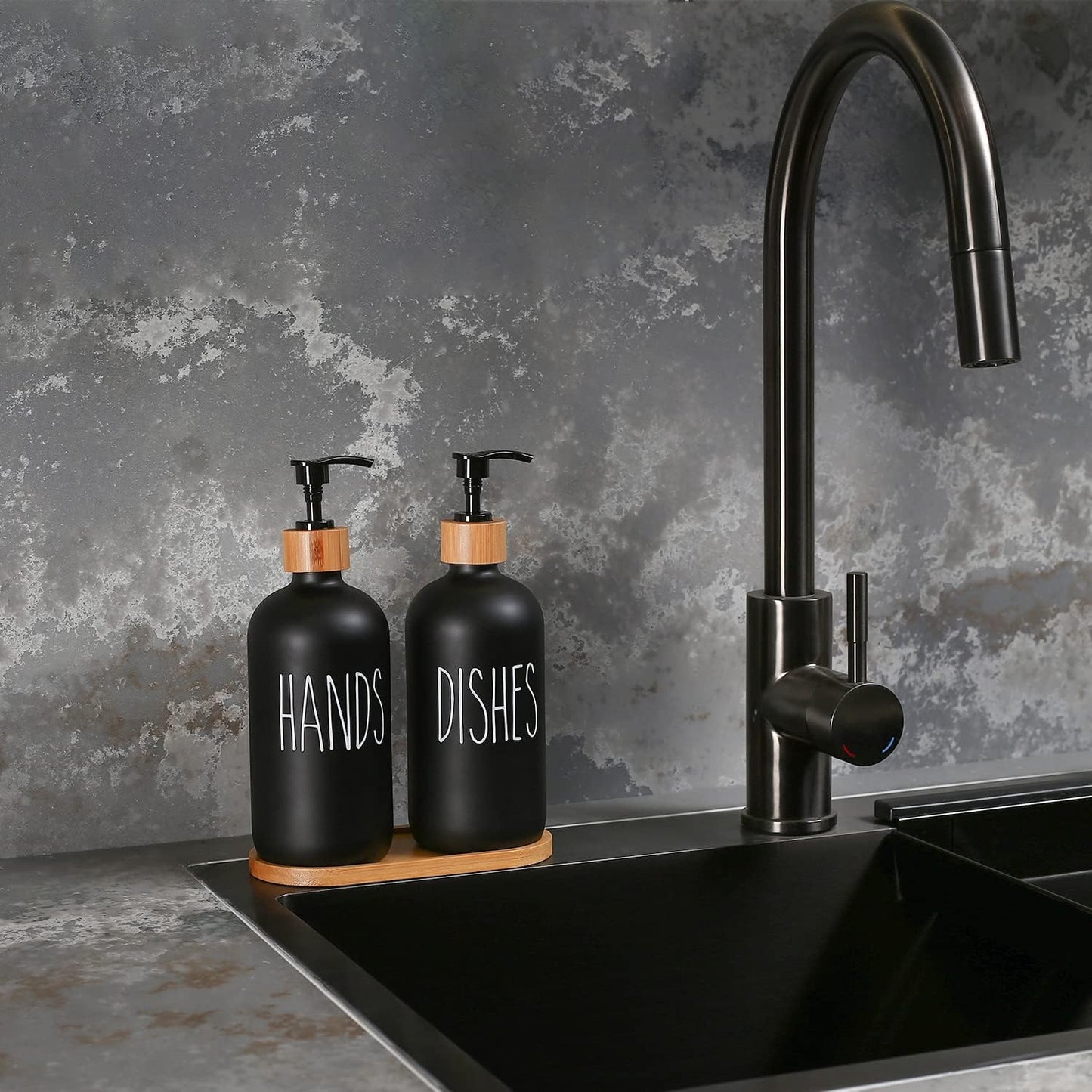 MOMEEMO Black Soap Dispenser Set, Contains Hand and Dish Soap Dispenser, Suitable for Kitchen Decor. (Black) | Contains