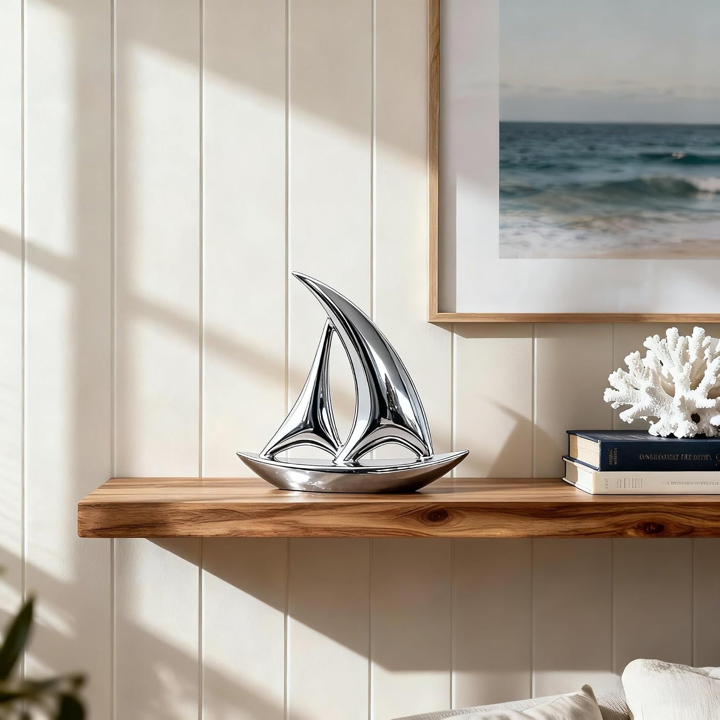 Mirror-Finish Nautical Coastal Boat Figurine / Electroplated Silver