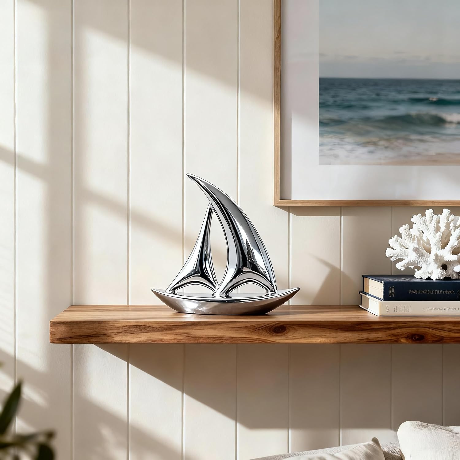Mirror-Finish Nautical Coastal Boat Figurine / Electroplated Silver