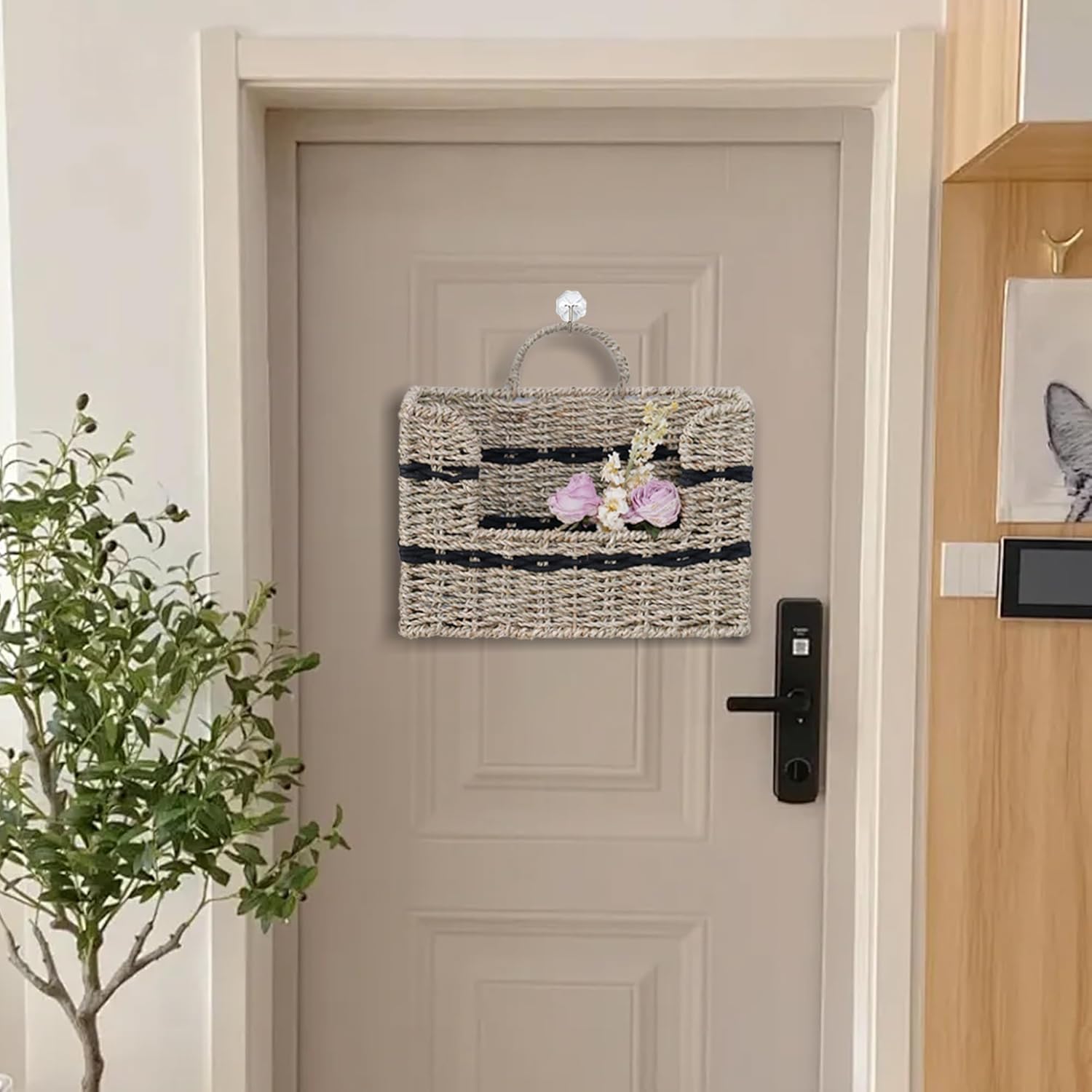 Handmade Seagrass Woven Hanging Basket / Rectangular Opening / Black / 11.81 x 4.33 x 7.87