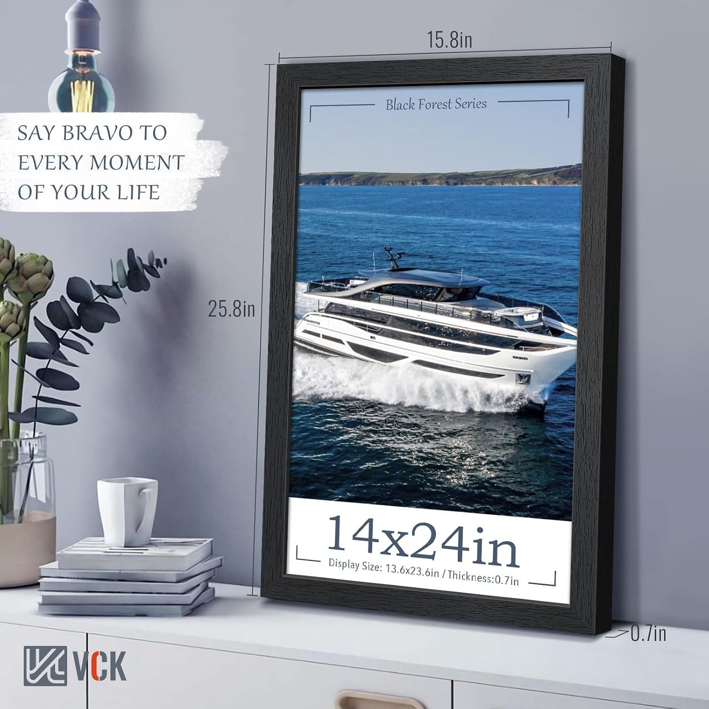 VCK 14x24 Frame Black 4 Pack, Wide Thick Wood Border, for Poster/Prints | Exclusive Woodgrain, Wall Hanging, HD