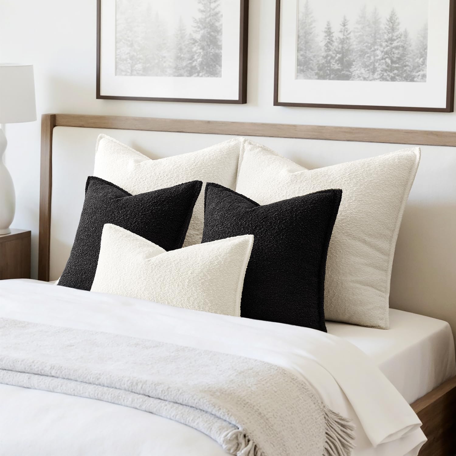 Decorative Textured Boucle Throw Pillow Covers Broadside Thick Boho / 18 x 18 / Black / Set of 2