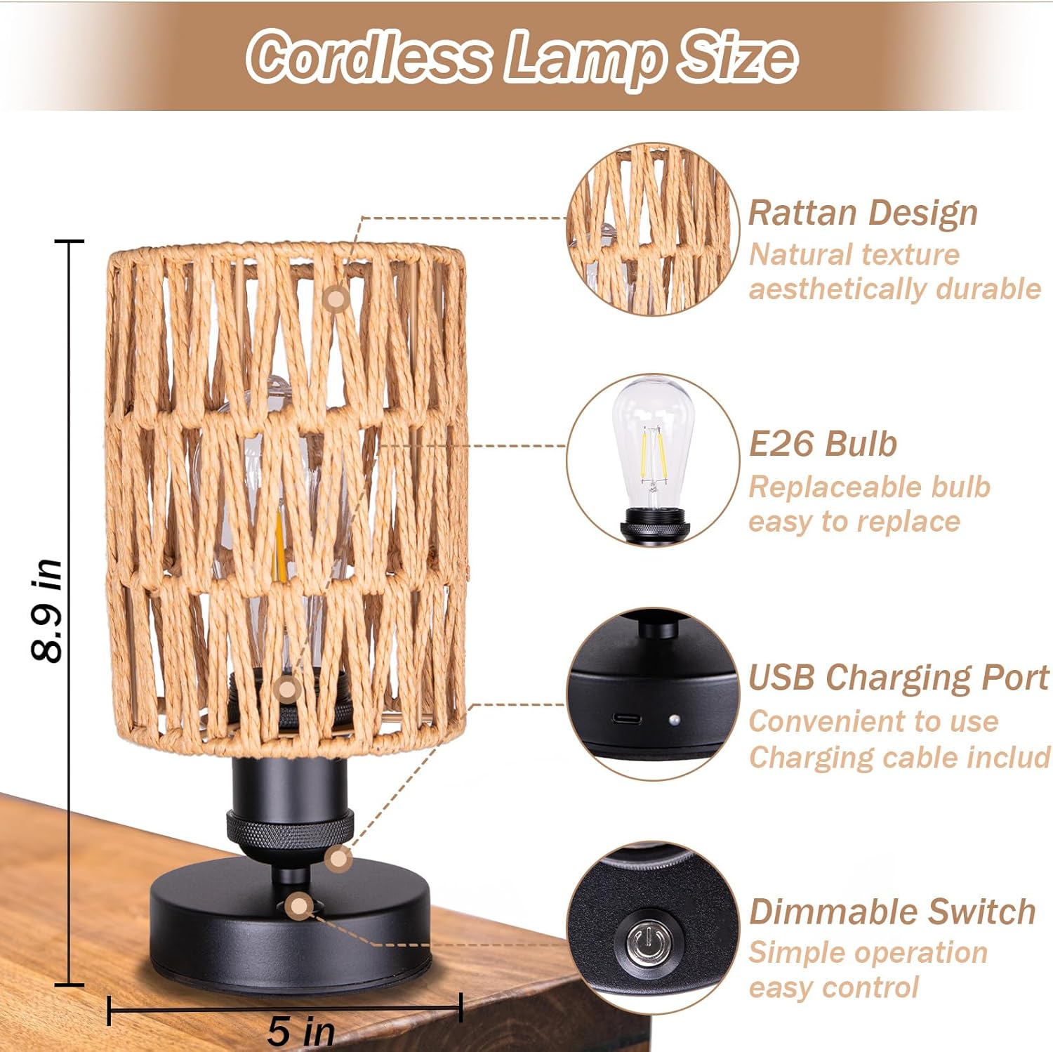 Cordless Rechargeable Outdoor Table Lamps, Battery Operated Table Lamp, Stepless Dimmable for Patio, Living Room, and