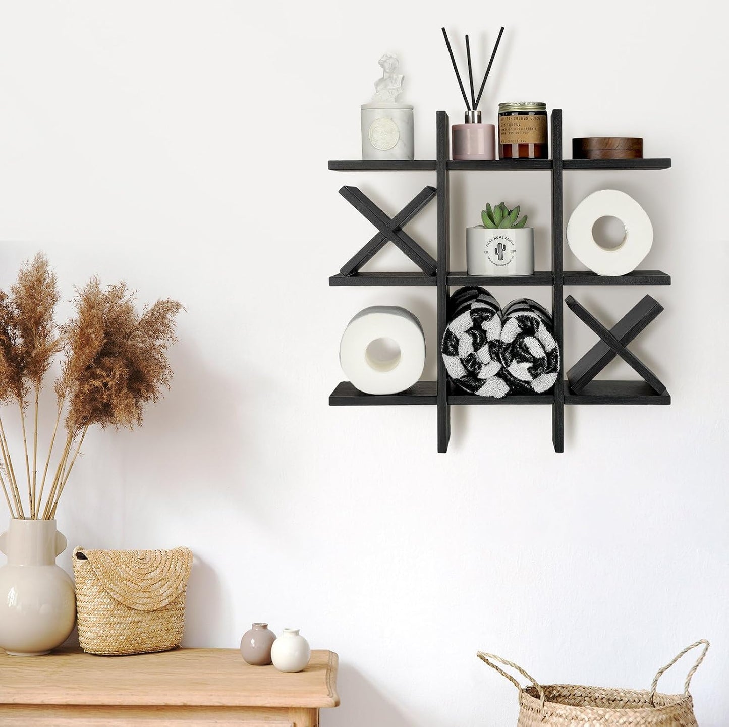 Weysat Tic Tac Toe Toilet Paper Holder,Black | Farmhouse Bathroom Decor, Freestanding or Wall Mount Storage for Tissue