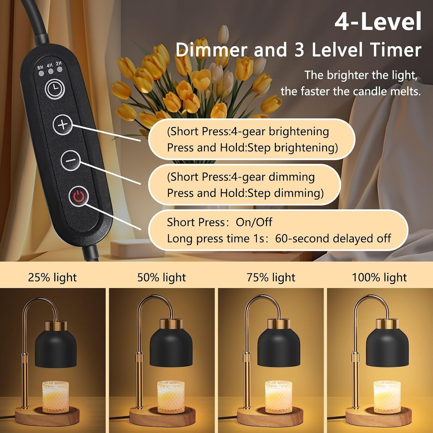 Candle Warmer Lamp with Timer Dimmer, Height & Brightness Adjustable | Black Electric Wax Warmer for Women Mom
