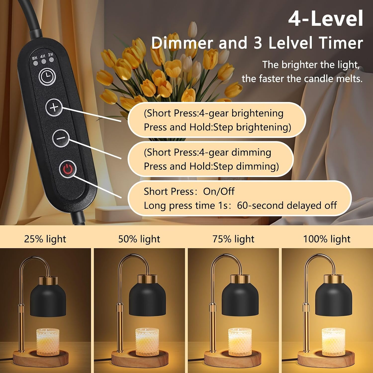 Candle Warmer Lamp with Timer Dimmer, Height & Brightness Adjustable | Black Electric Wax Warmer for Women Mom