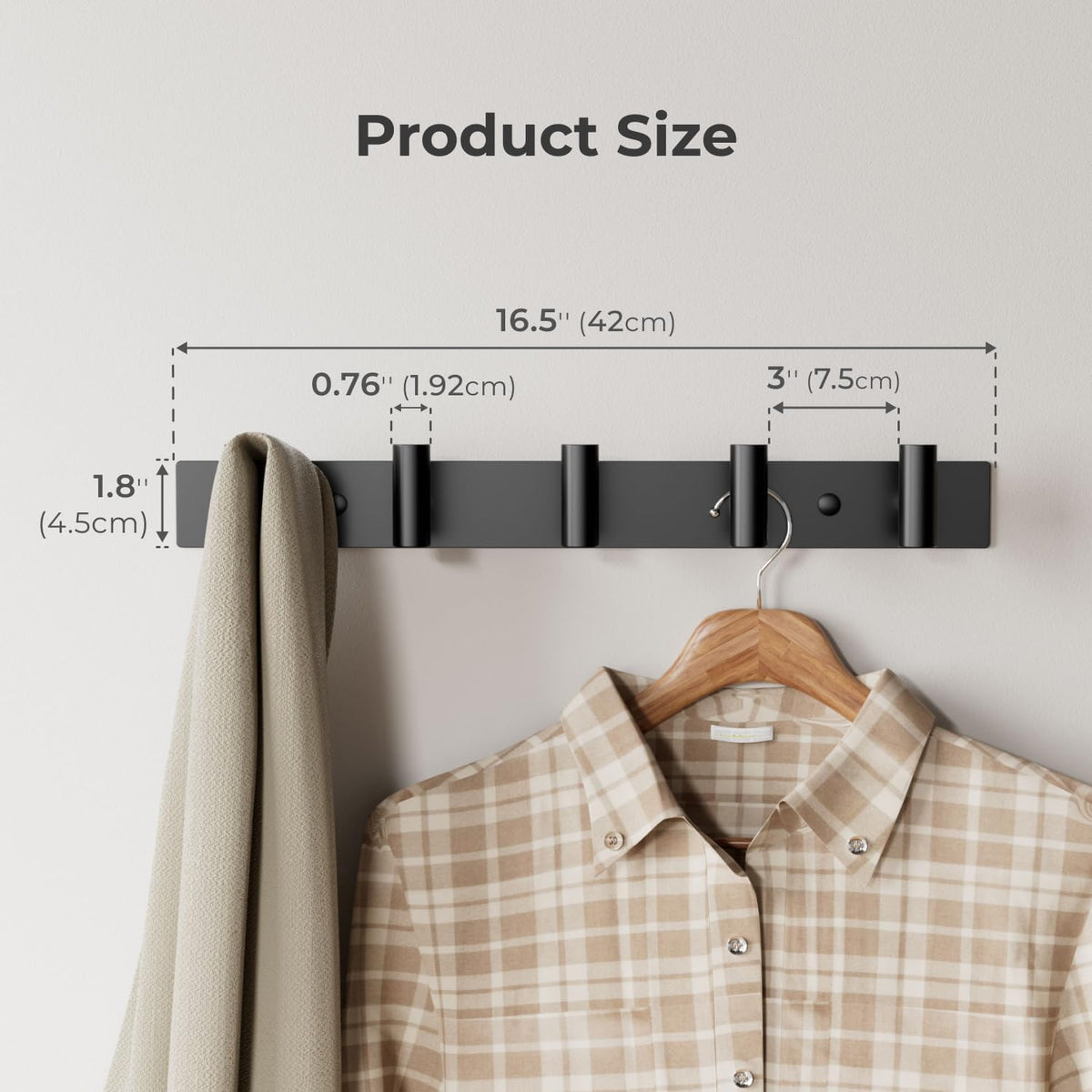 Black Wall Mounted Coat Rack – 5 T-Shaped Hooks on 16.5" Rail, (2 Pack) | for Hanging Hats, Bags & Towels, Heavy-Duty