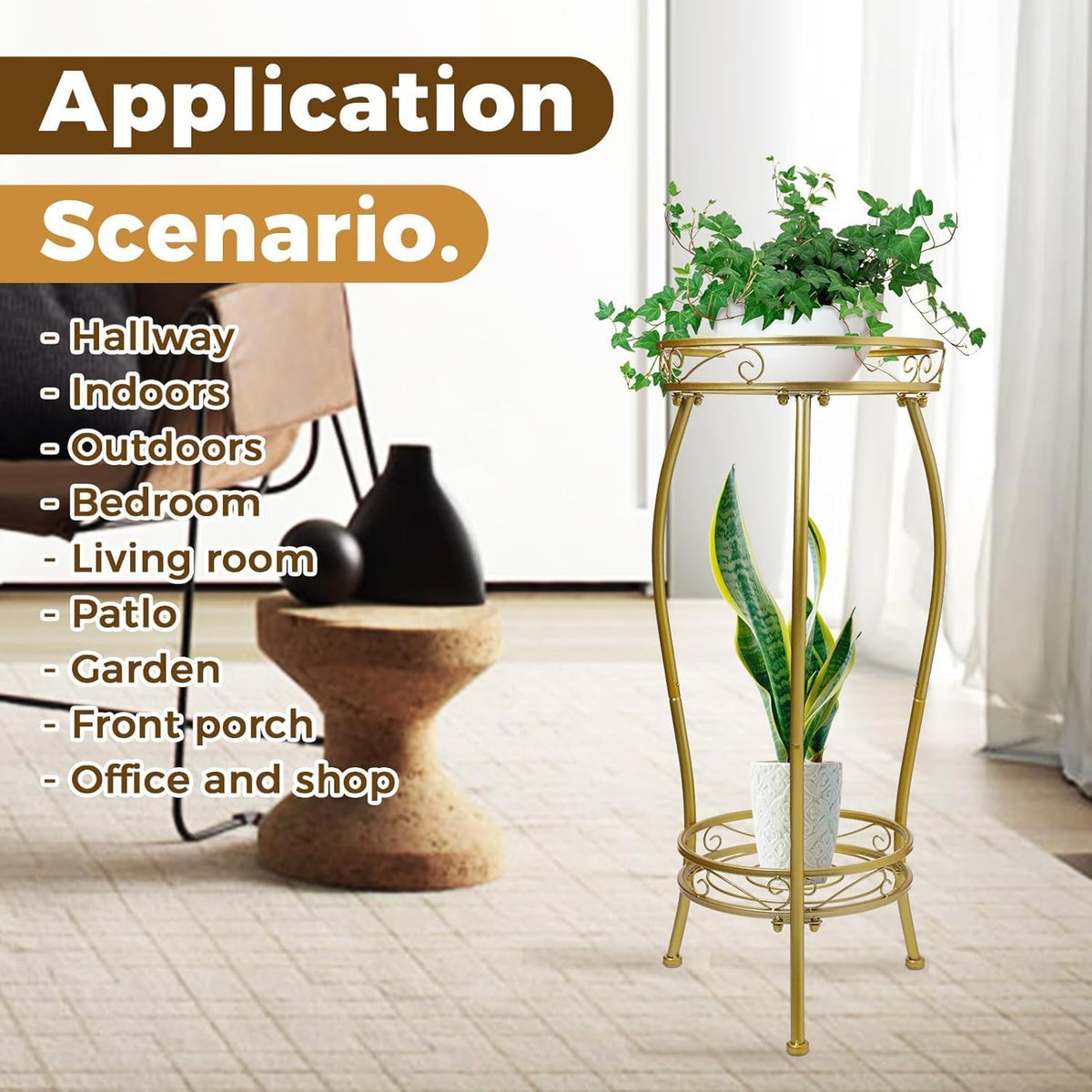 Kavlium Plant Stand Indoor Outdoor, Tall Metal, 2 Tier 27.1 Inch, Gold | Rustproof Metal, Stable 3-Leg Base, Heavy Duty