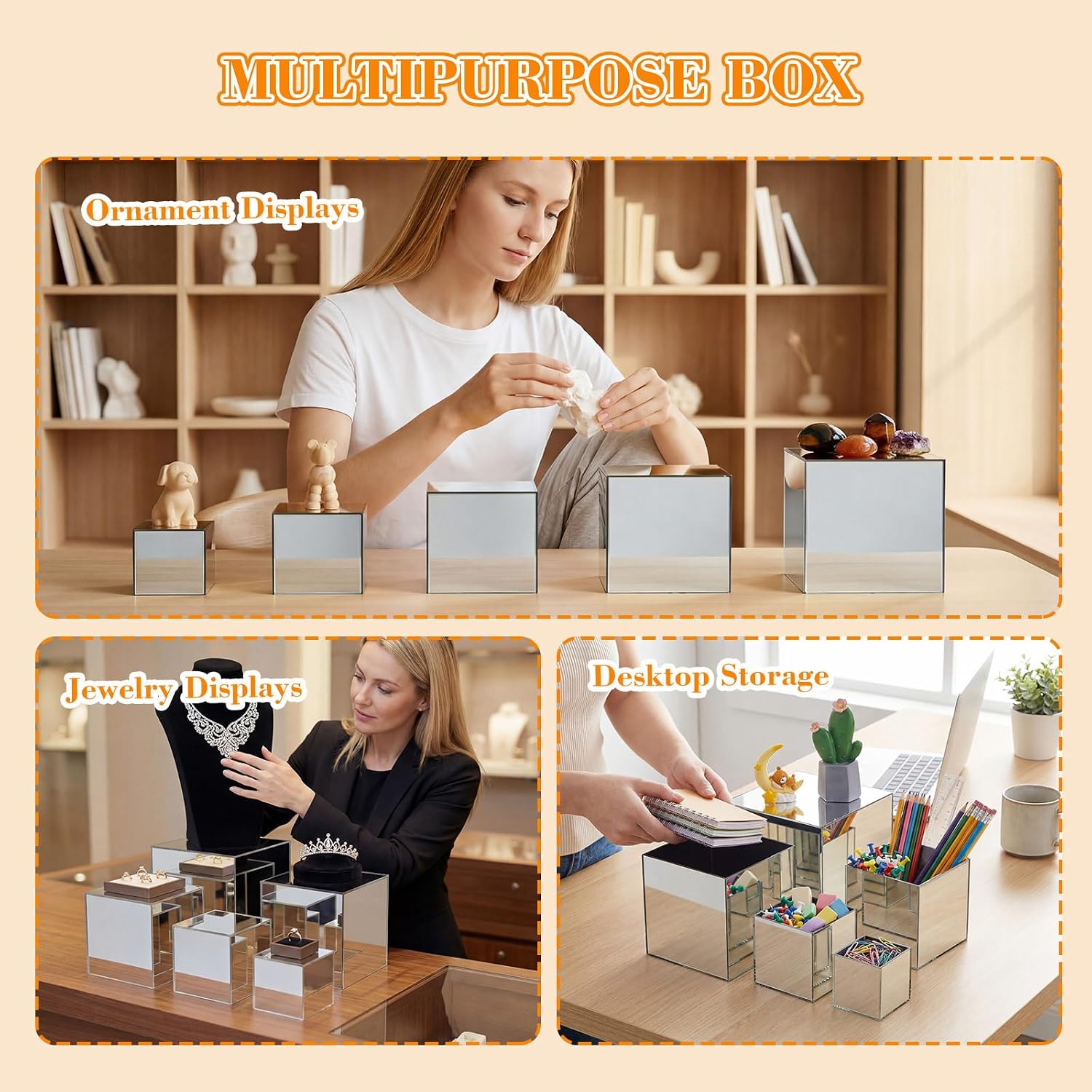 Hollow Bottom Acrylic Cube Stand Boxes for Display / Silver Mirror / 3, 4, 5, 6, 6.5 Inch / Set of 5