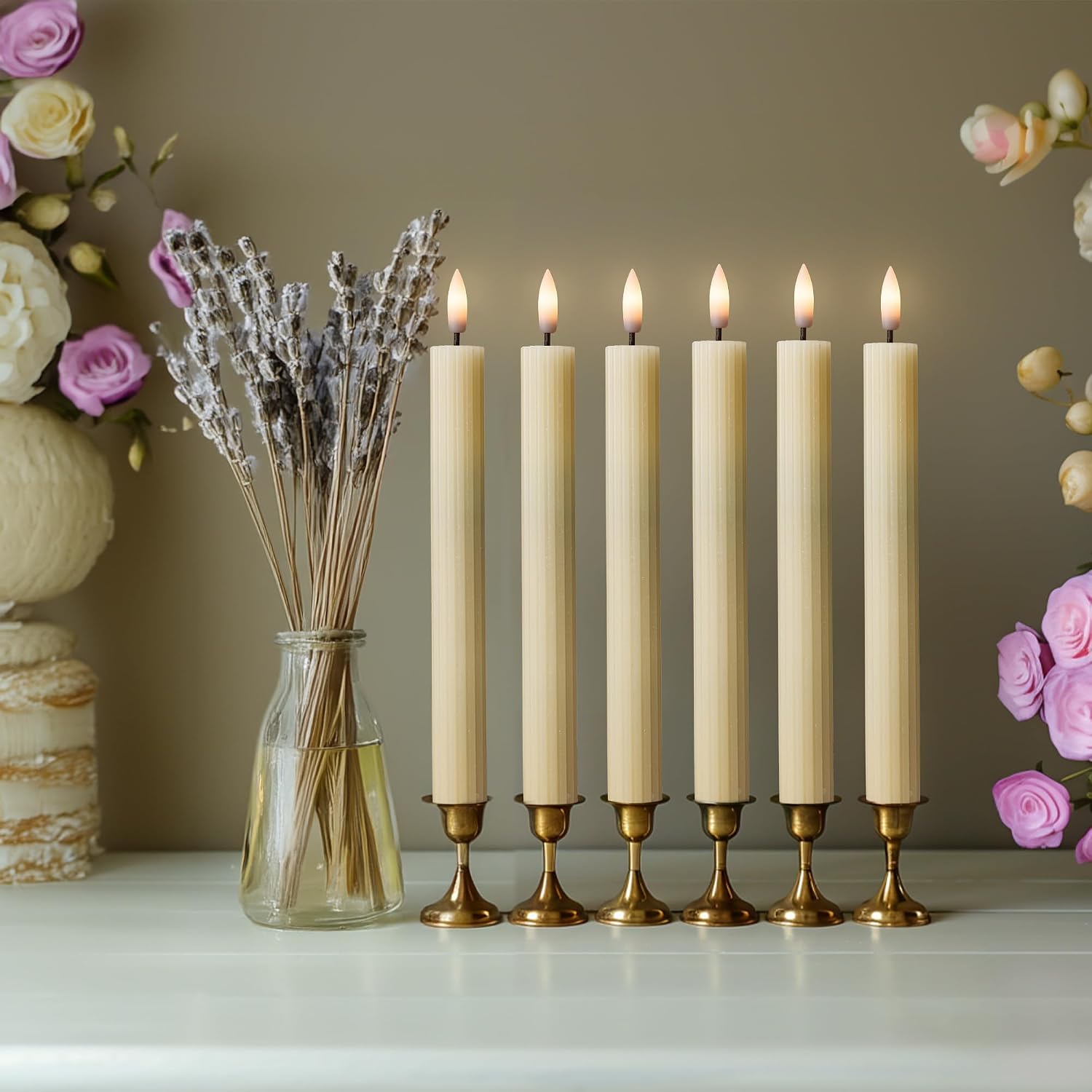 10" Fluted LED Ivory Grooved Pillar Candles with 2 Remotes & 24h Timer Memory, On/Off Switch - Flameless Dimmable