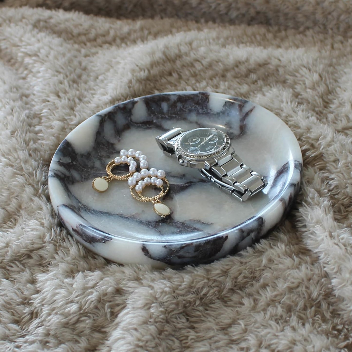Marble Travertine Ring Dish Jewelry Tray 5.5" for Women / Calacatta Viola / Natural