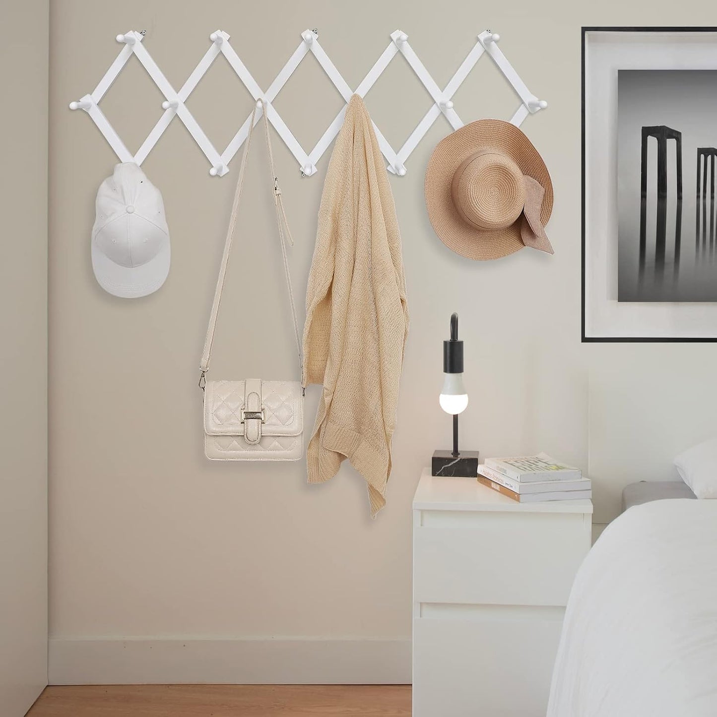 SCUNDA Accordion Wall Hanger with 16 Hooks, Wooden Coffee Mug Rack for Wall, Expandable Accordion Hook Rack Wall