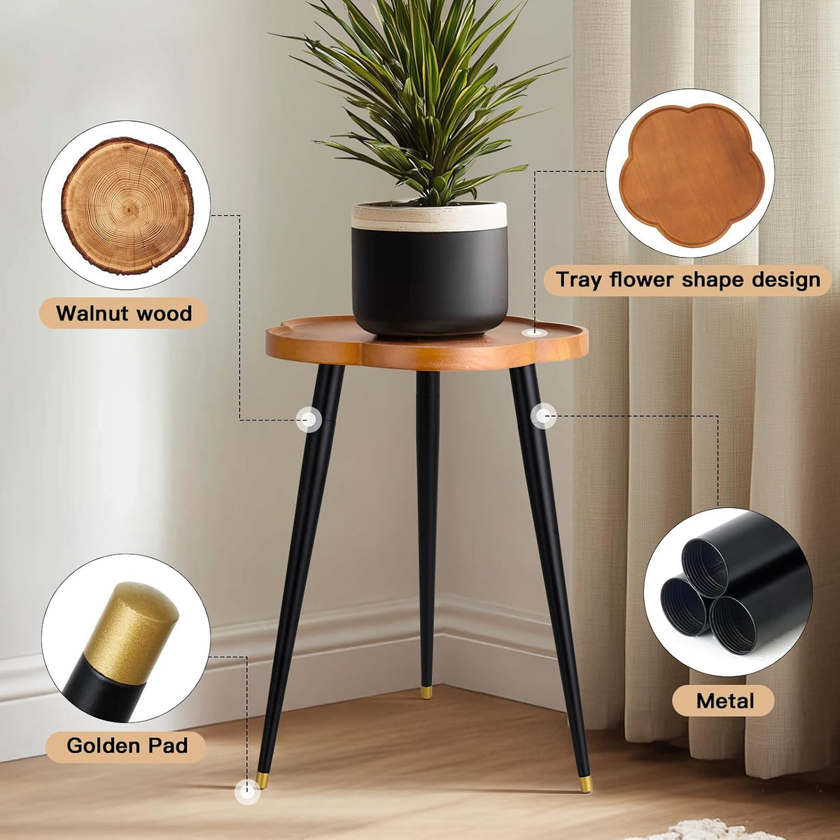 KINNARY Plant Stand Indoor, Wood Plant Table Plant Holder with Raised Design,Heavy Duty Metal Flower Pot Stand, Mid