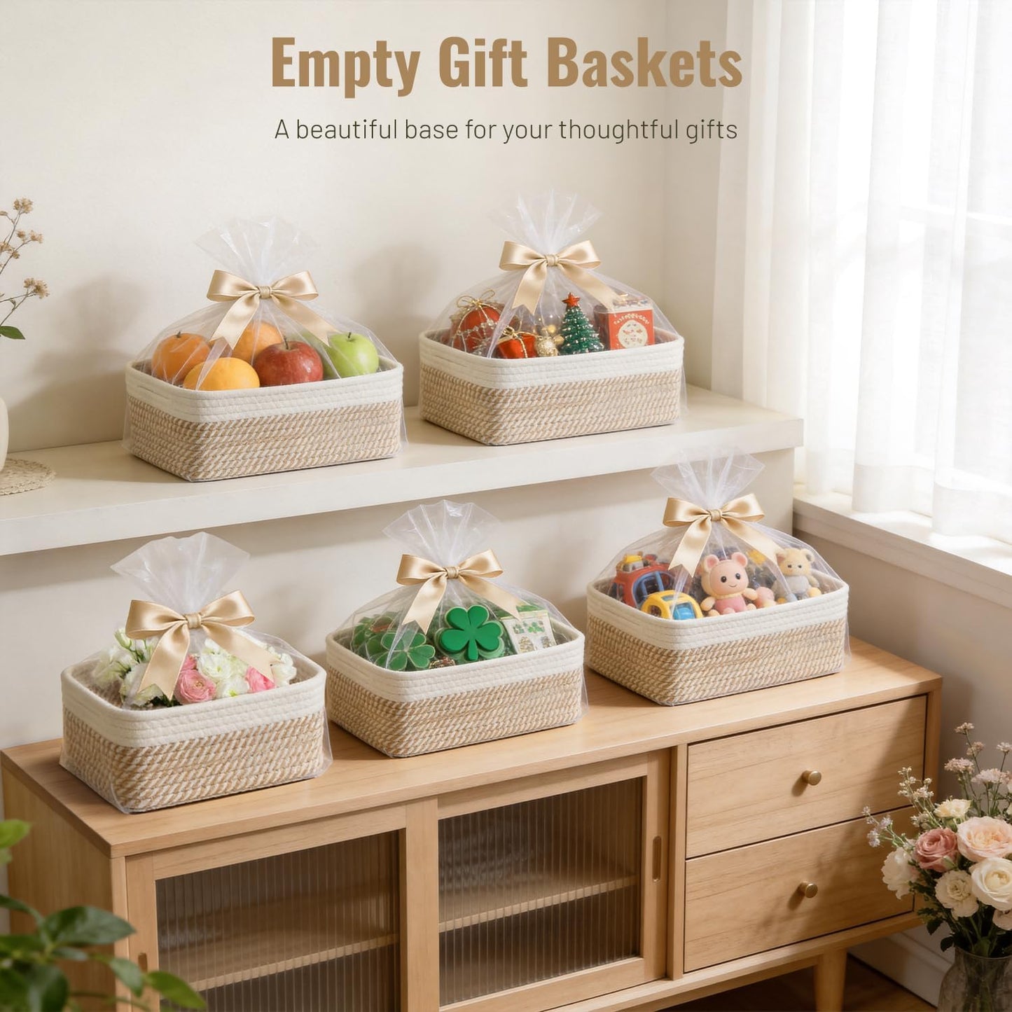 Small Woven Storage Baskets / Khaki & White / Set of 5