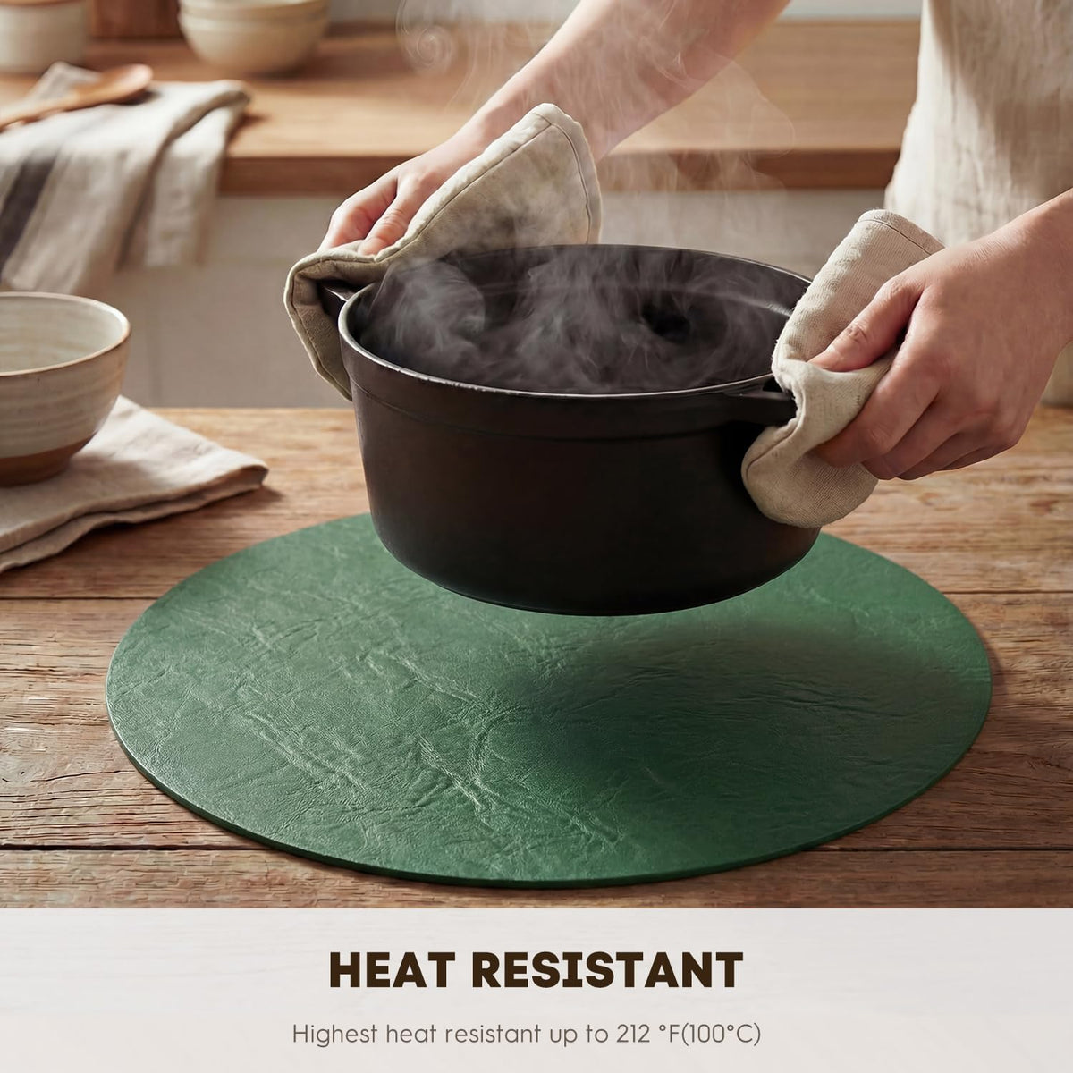 Artoid Mode Green Faux Leather Placemats Set of 8, 15 Inch Waterproof Wipeable Heat Resistant Vinyl Place Mats