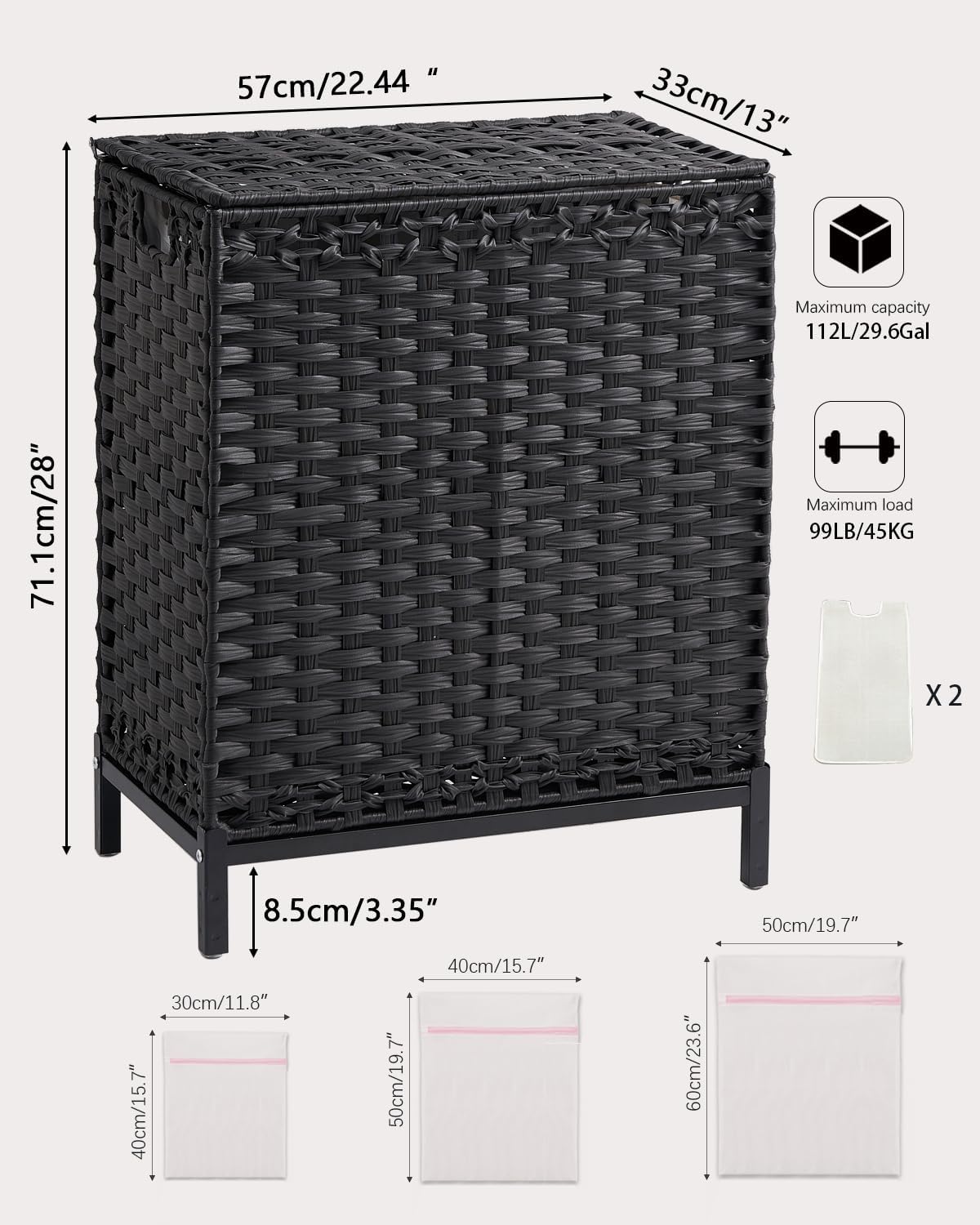 112 L Handwoven Rattan Wicker Laundry Basket / Black / 112 L - 29.6 Gal