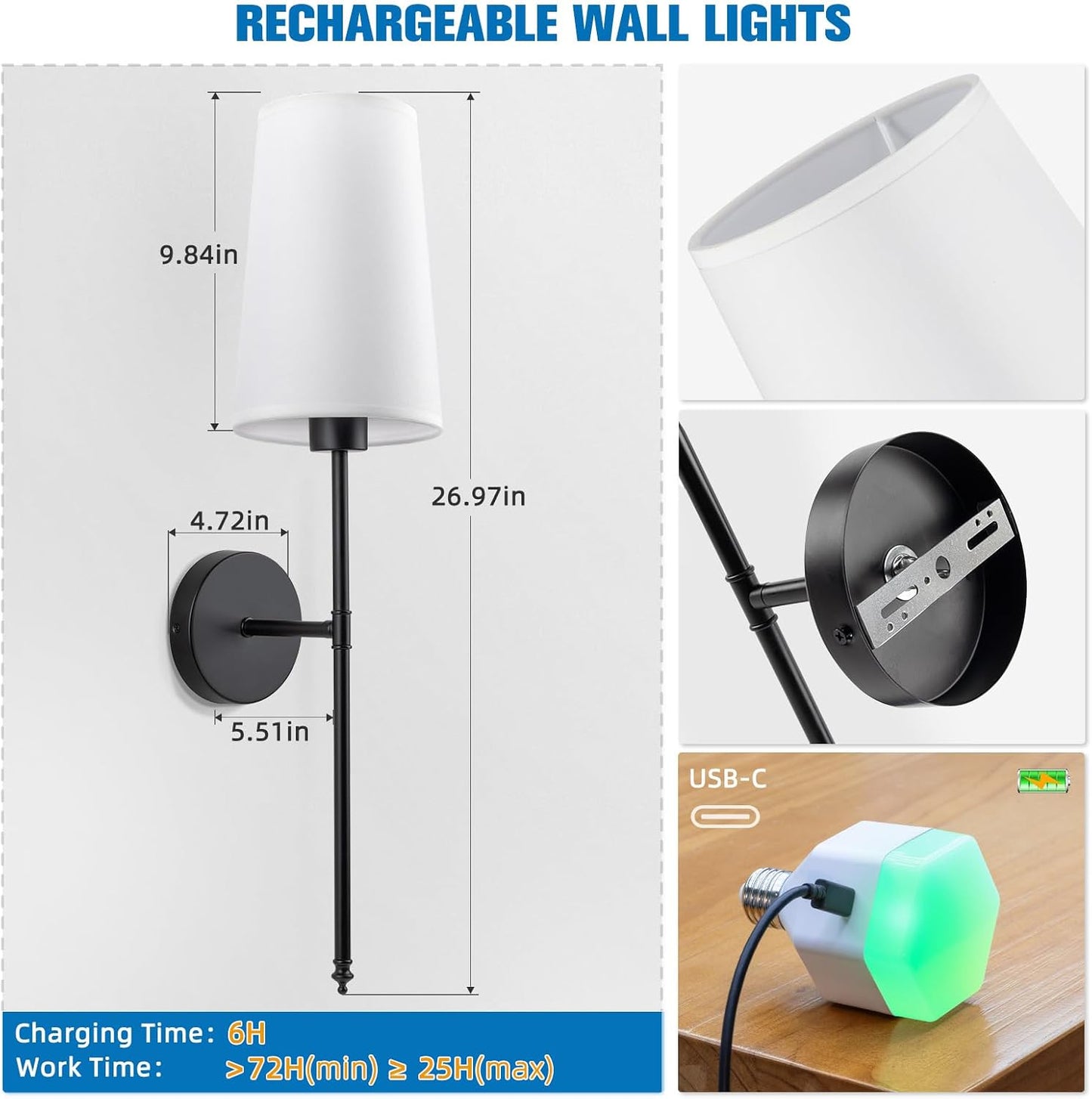 Black Battery Operated Wall Sconce Set of 2,Rechargeable Wall Lights with 10400mAh Dimmable Detachable Bulbs and