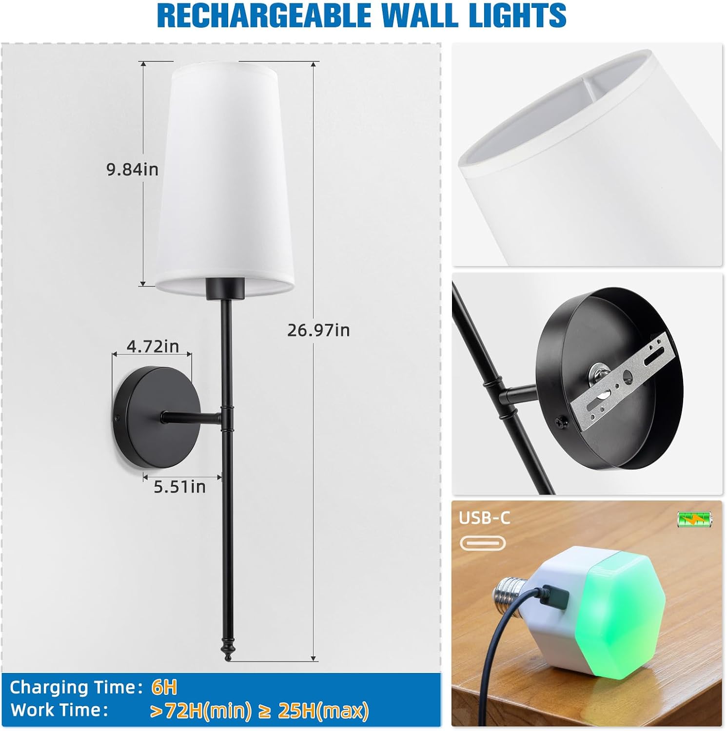 Black Battery Operated Wall Sconce Set of 2,Rechargeable Wall Lights with 10400mAh Dimmable Detachable Bulbs and