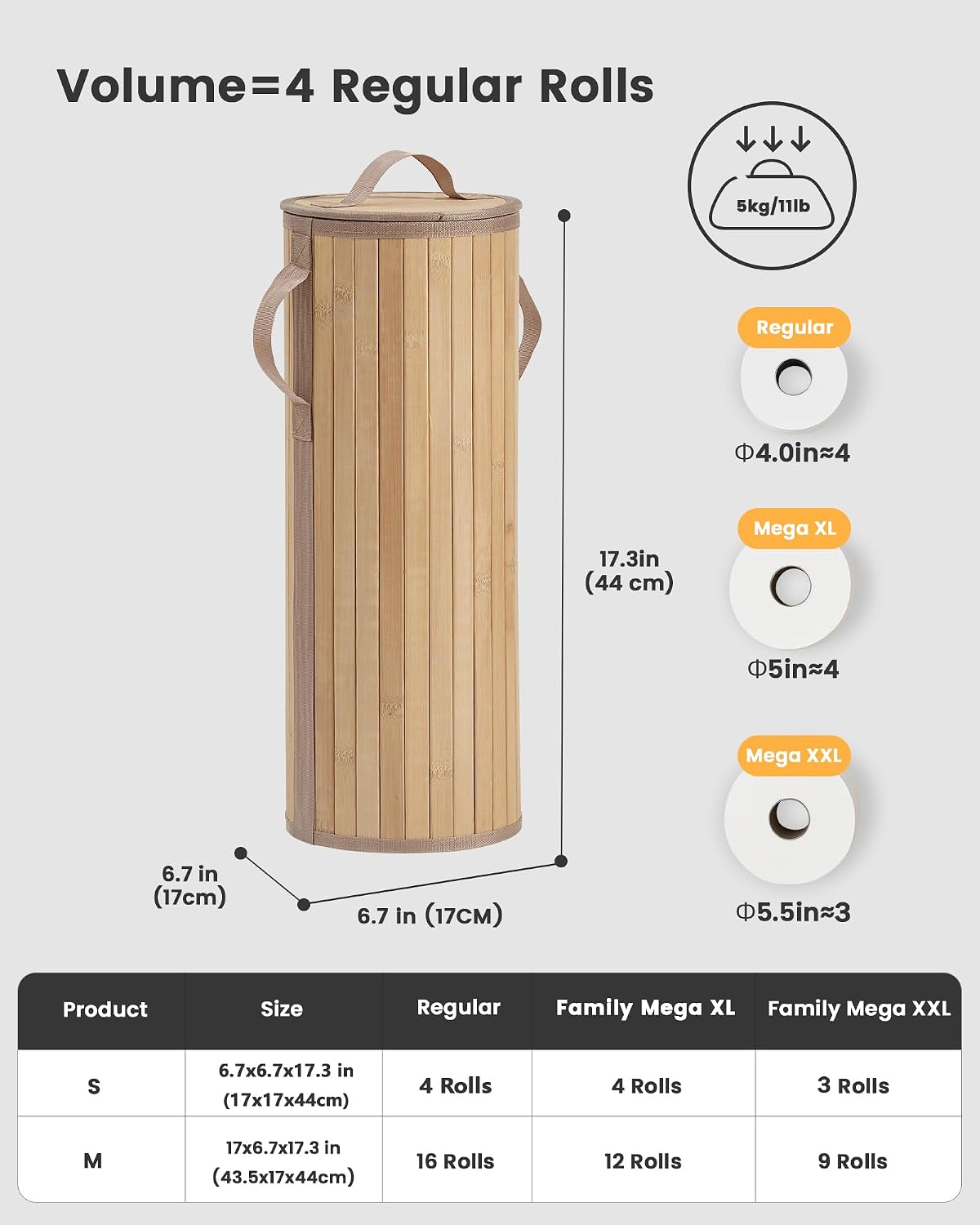 Bamboo Toilet Paper Storage Basket with Lid & Handle - 10L Handwoven Bathroom Organizer for 4 Rolls - Sturdy Stand