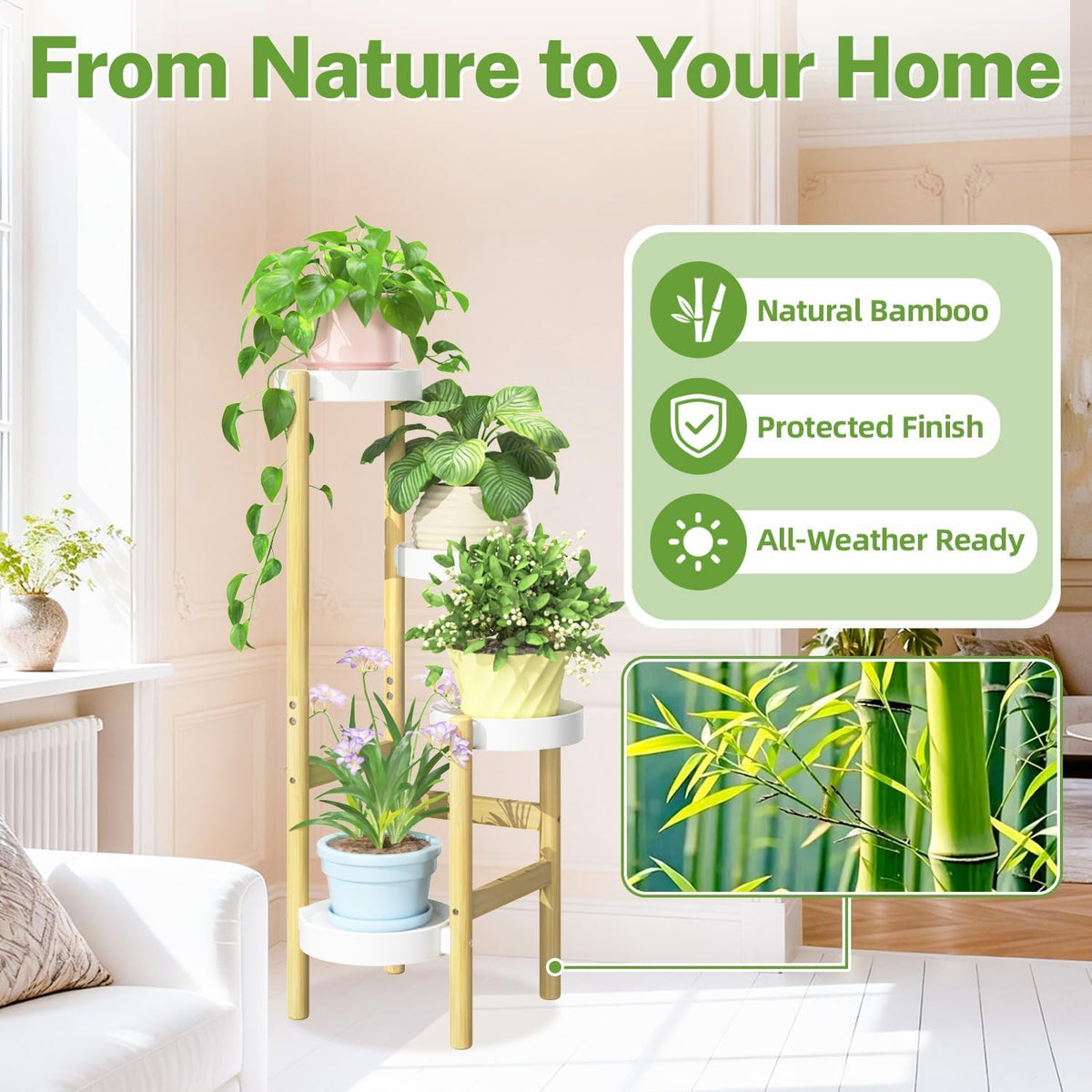 iDavosic.ly 4 Tier Bamboo Plant Stand Indoor Outdoor, Plastic Tray, White | Tiered Corner Flower Holder Shelf, Space