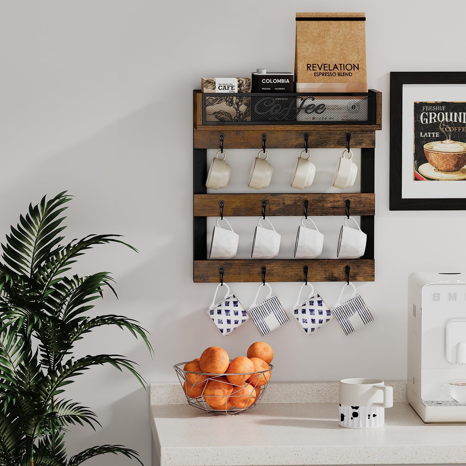 YINMIT Coffee Cup Holder Wall Mounted, 12-Hook Mug and Shelf for Coffee Bar | Rustic Coffee Mug Holder with Plus a Top