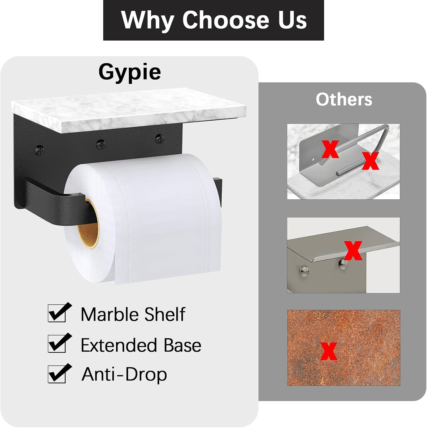Gypie Toilet Paper Holder with Marble Shelf, Wall Mounted Matte Black | Toilet Roll Holder Black for Bathroom Washroom