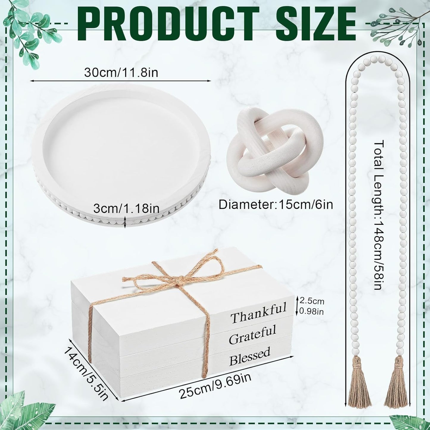 Rustic Wooden Coffee Table Tray Decoration Set / White / Thankful / Set of 6