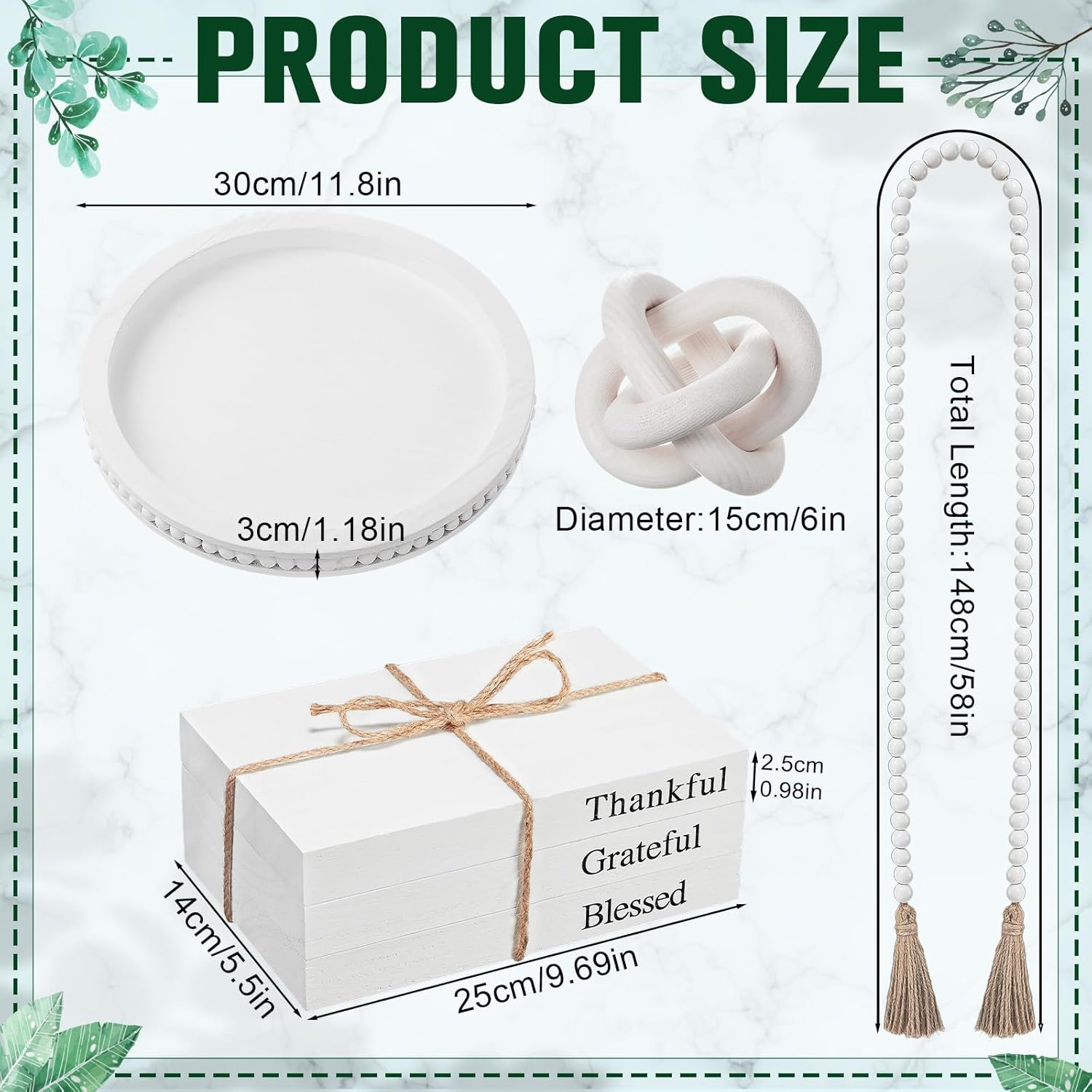 Rustic Wooden Coffee Table Tray Decoration Set / White / Thankful / Set of 6