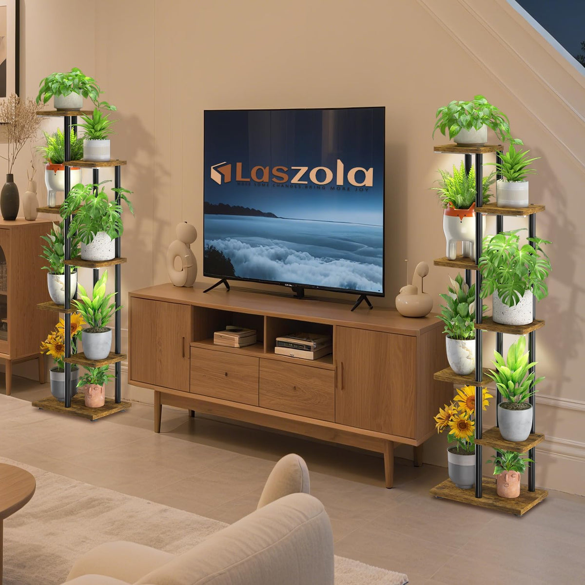 LASZOLA Plant Stand Tall for Indoor Corner with Light, 6 Tier Wood Brown | Heavy Duty Multi Level Vertical Flower Shelf