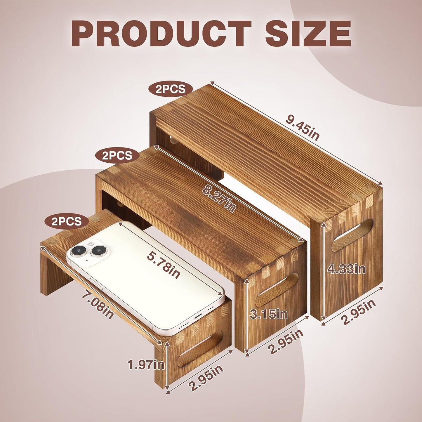 Wood Risers Display Stands / 7 x 8 x 9 / Brown / Set of 6