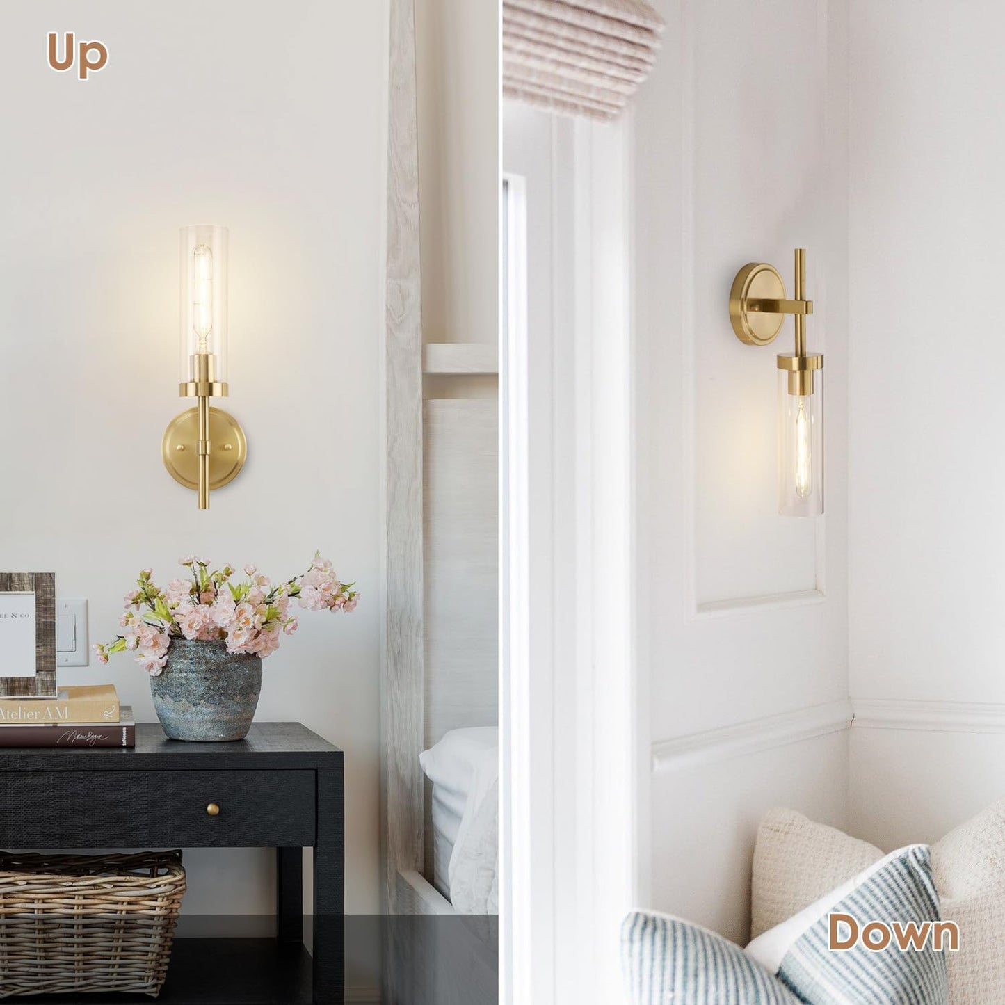 Hardwired Wall Sconces Set of Two, Brushed Gold Bathroom Sconces Wall Lighting Vanity Light Fixtures with Clear Glass