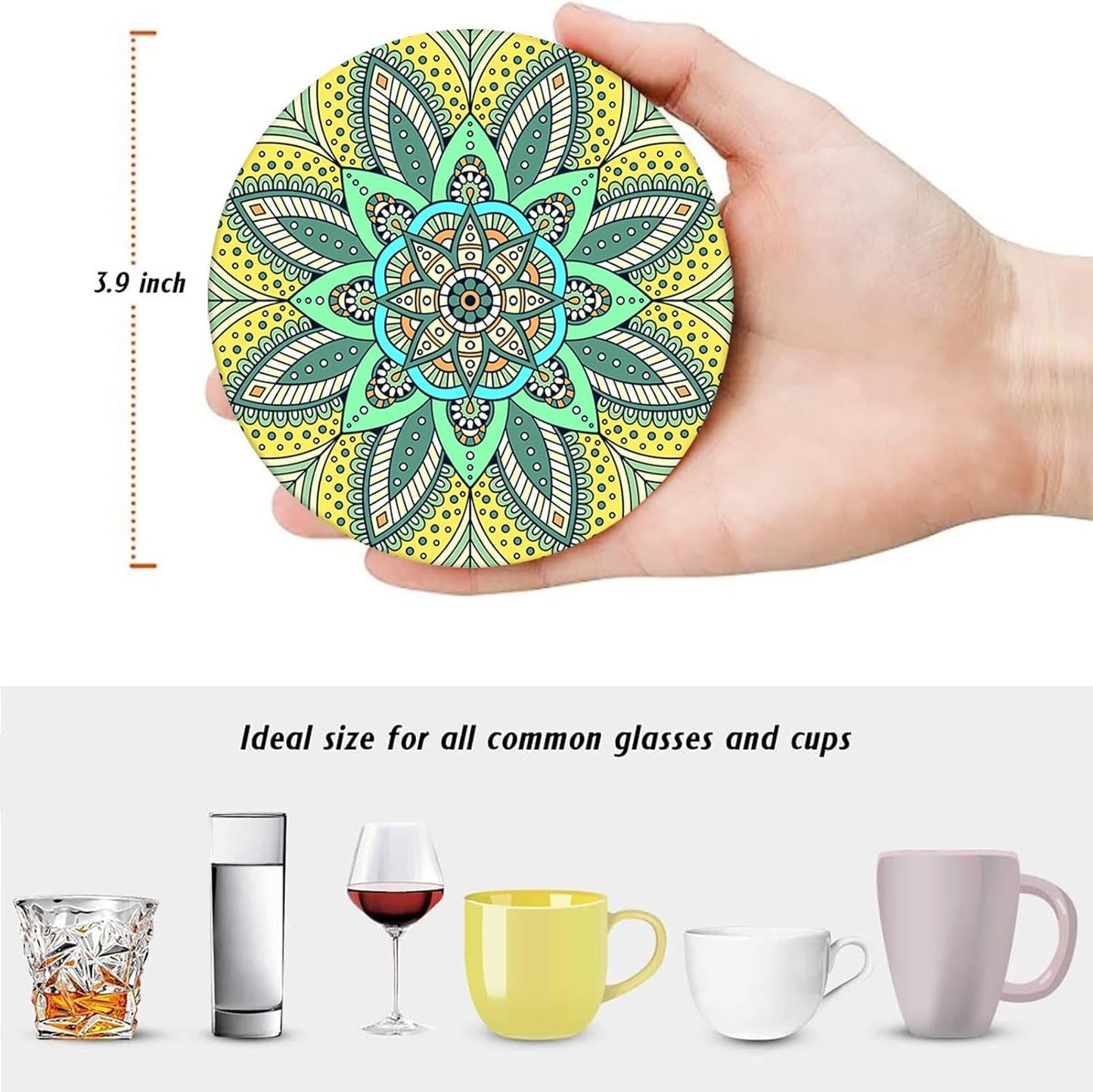 Moroccan Mandala Colorful Green Absorbent Round Ceramic Stone Mat / Bohemian / Pink / Set of 6
