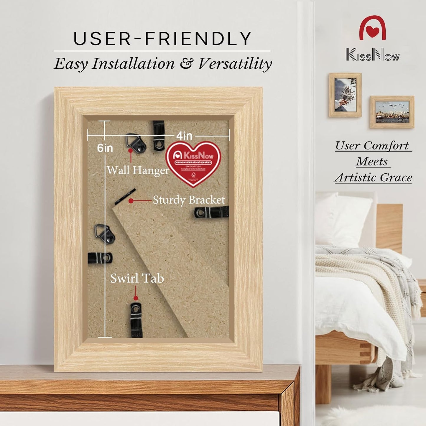 4x6 Picture Frame 4 Pack, Oak Solid Wood, Wall or Tabletop, Studio | Gallery Wall Set, Thick & Wide Border, Polished