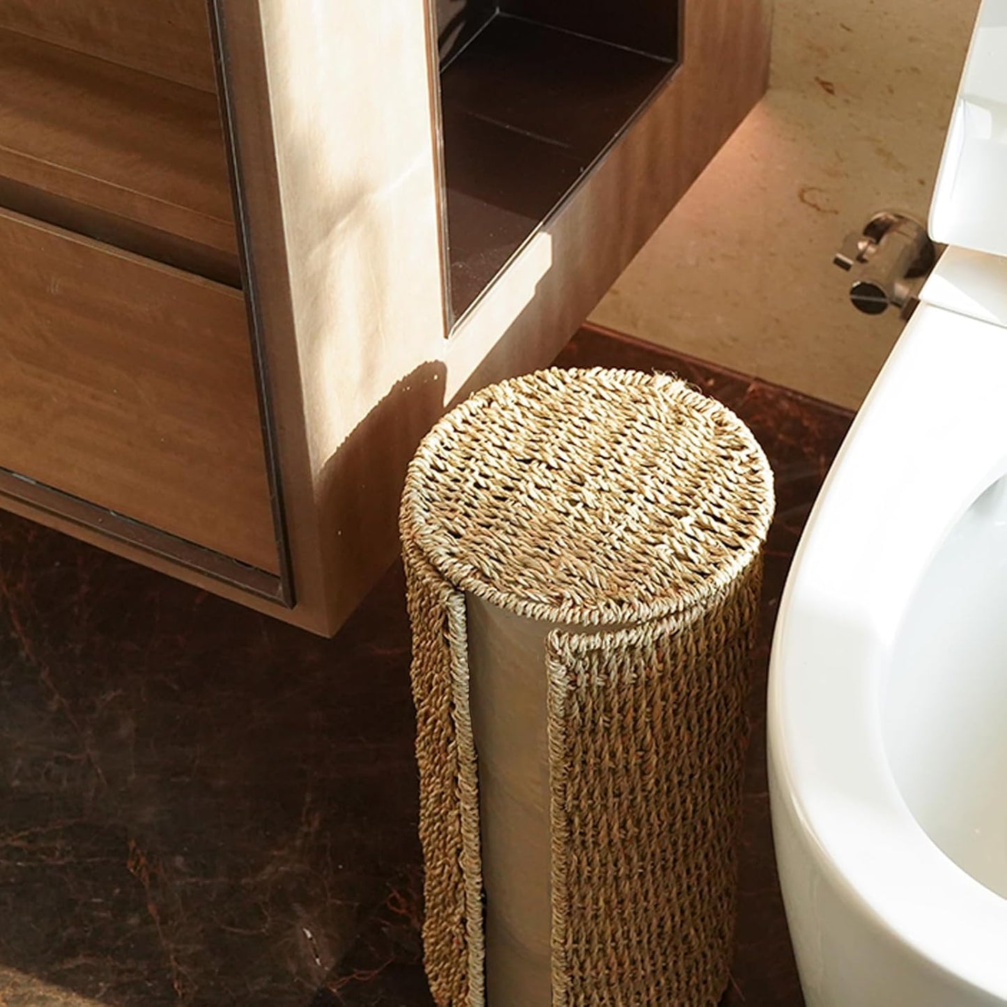 PINXIURY Seagrass Toilet Paper Holder with Storage, 3 Rolls of Wicker Toilet Paper Holder for Bathroom and Under Sink