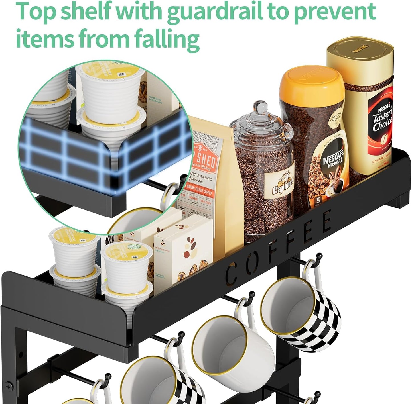 Coffee Mug Holder Wall Mounted with 12 Movable Hooks | Sturdy Metal Coffee Cup Holder with Large Top Shelf for Mug