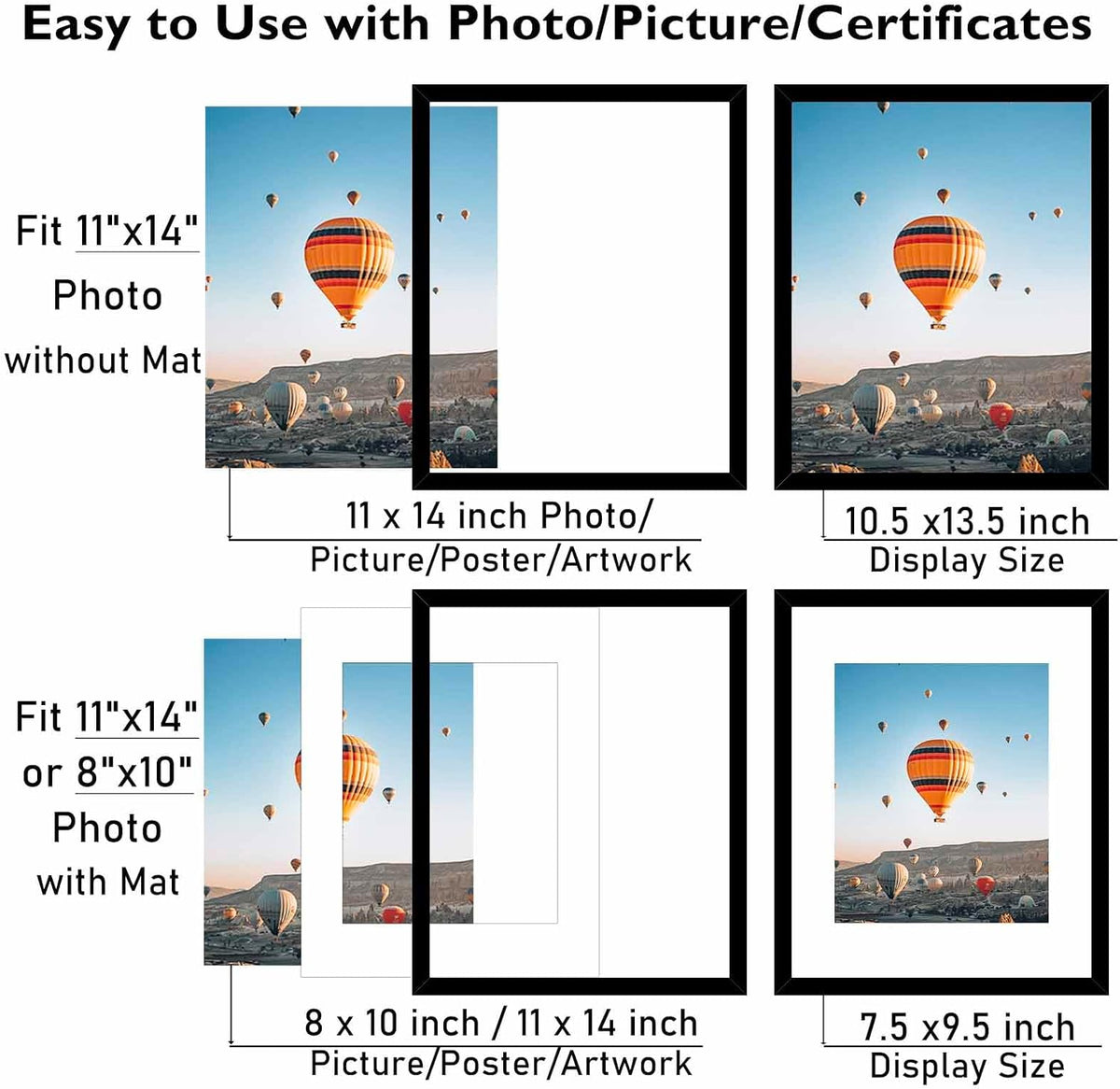 JCJMY 6 Packs 11x14 Picture Frames, Display 8x10 with Mat or 11x14 Without Mat, Black Gallery Wall Frame Set, 11 by 14