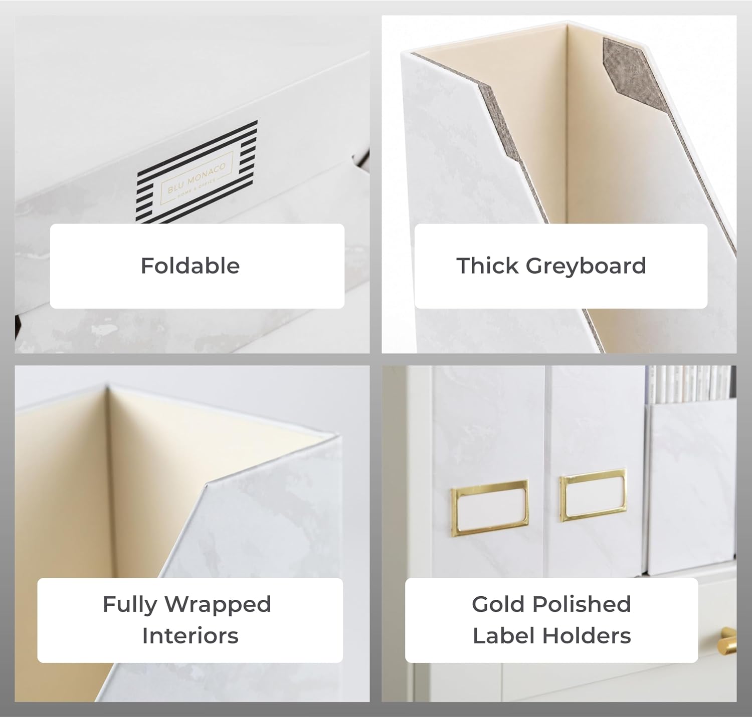 BLU MONACO Set of 4 Magazine Holders | White Marble Design with Gold Label Holders | Foldable File Organizer Boxes for