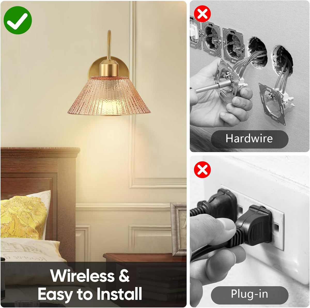 Set of 2 Vintage Battery-Operated Wall Sconces,Wireless Rechargeable Wall Light with Glass Lampshade，Dimmable Wall