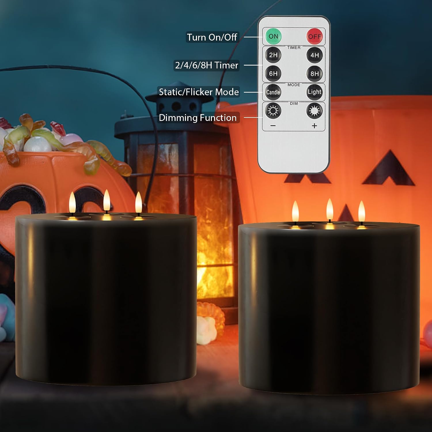 Extra Large Black Flameless Candles with 3 Wicks, 6"x6" Real Wax Halloween Candles with Remote, Battery Operated Candle