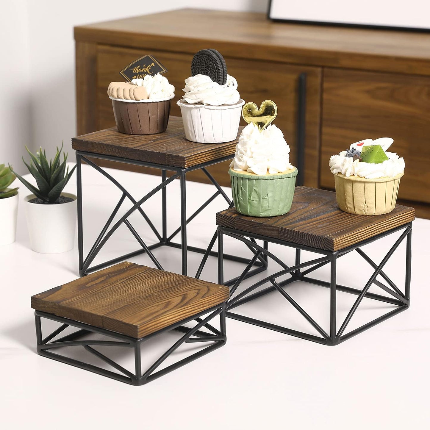 Modern Tabletop Square Dessert Stand Risers / Rustic Brown