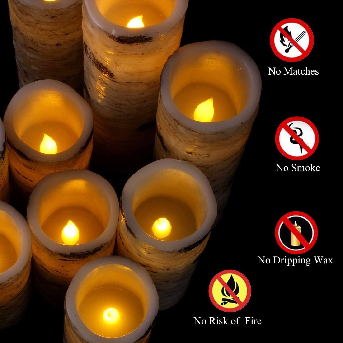 Flameless Flickering LED Candles with Birch Bark Effect - Set of 9 Battery-Operated Real Wax Pillar with 10-Key Remote