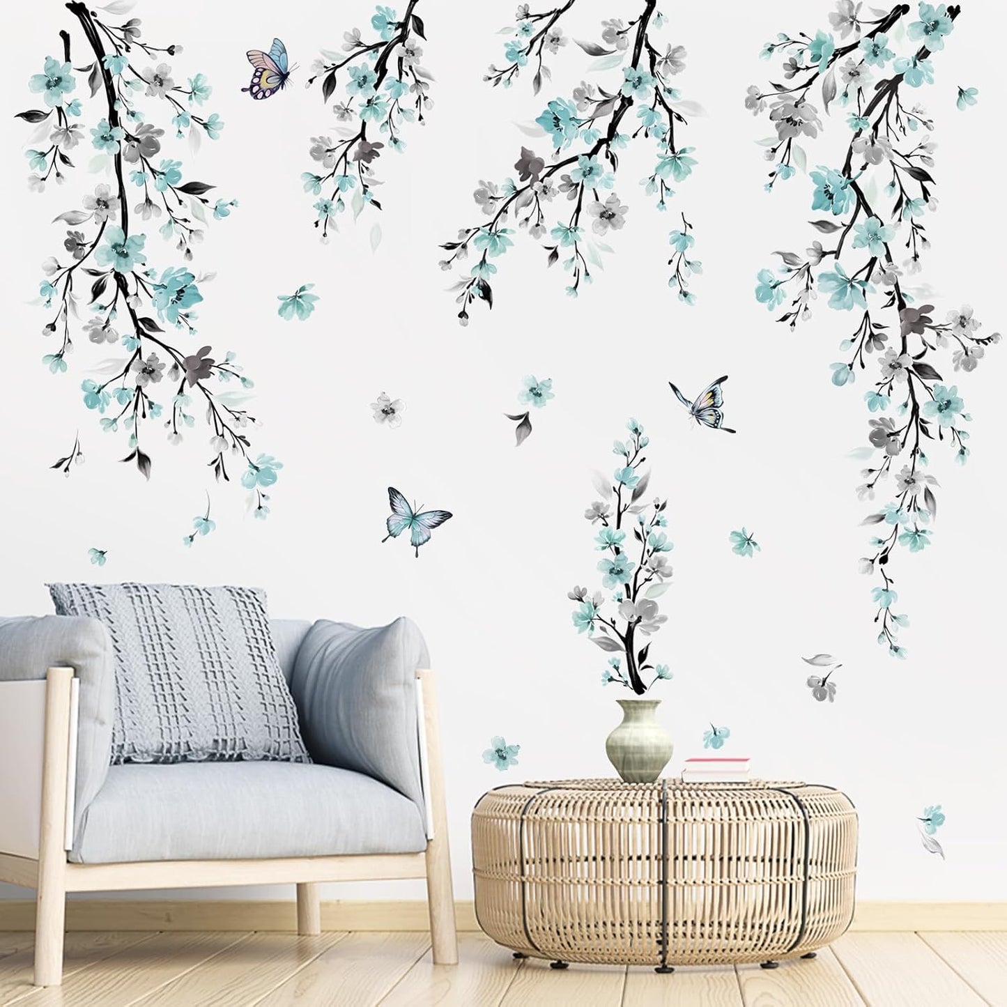 Watercolor Flower Vine Wall Stickers Hanging Floral Tree Branch Wall Art Decals / Blue