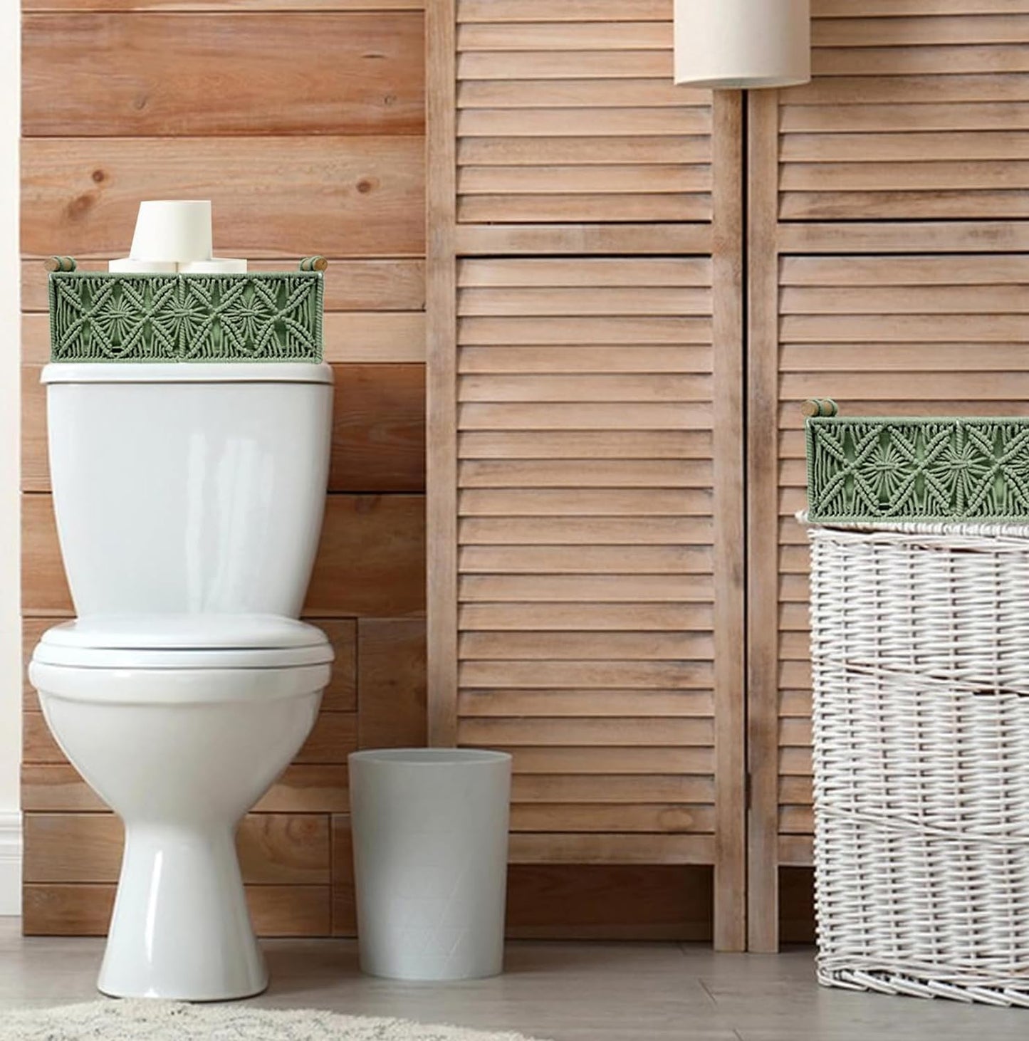 Macrame Boho Decor Baskets for Organizing Woven Decorative Basket for Countertop Toilet / Green