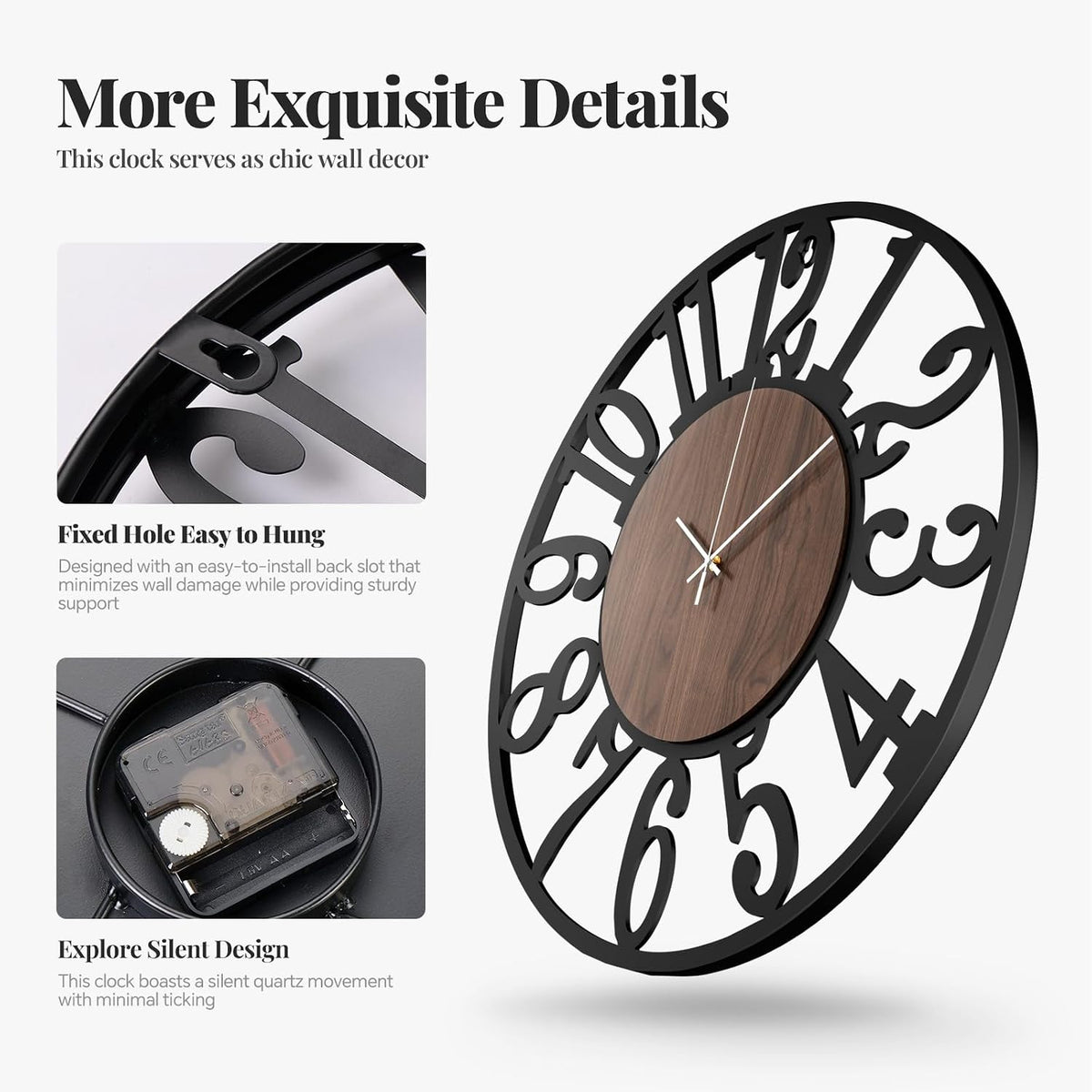 Cuspin 30 Inch Large Wall Clock Black Metal Frame with Walnut Center Dial | Wood and Metal, Battery operated, Silent