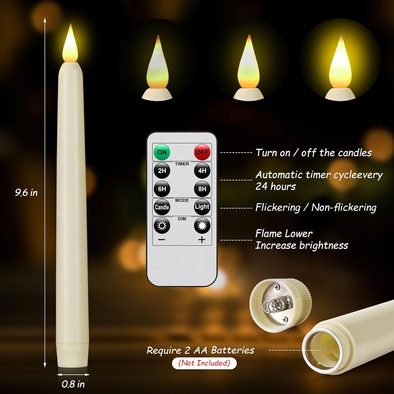 Flameless Taper Candles with Remote Control and Timer, Battery Operated LED Candlesticks with Flickering 3D Flame