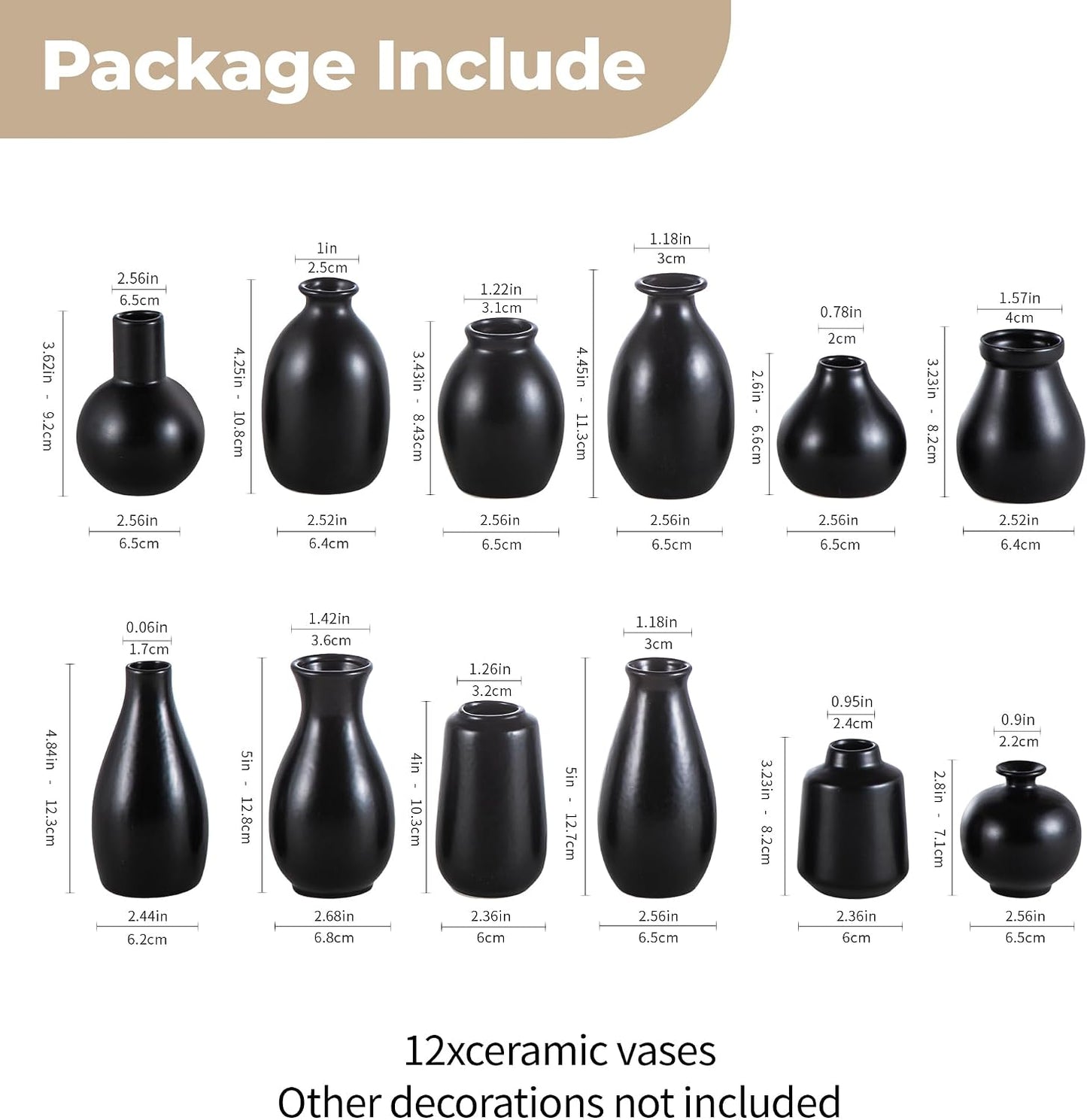 Ceramic Bud Vases / Black Ceramic Vases / Set of 12