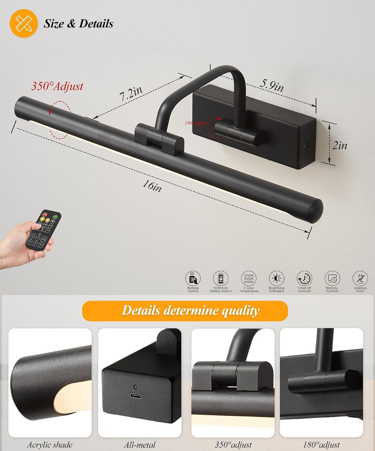 Picture Lights for Wall Battery Operated, Rechargeable Light for Picture with Remote & Timer, Black Art Light for