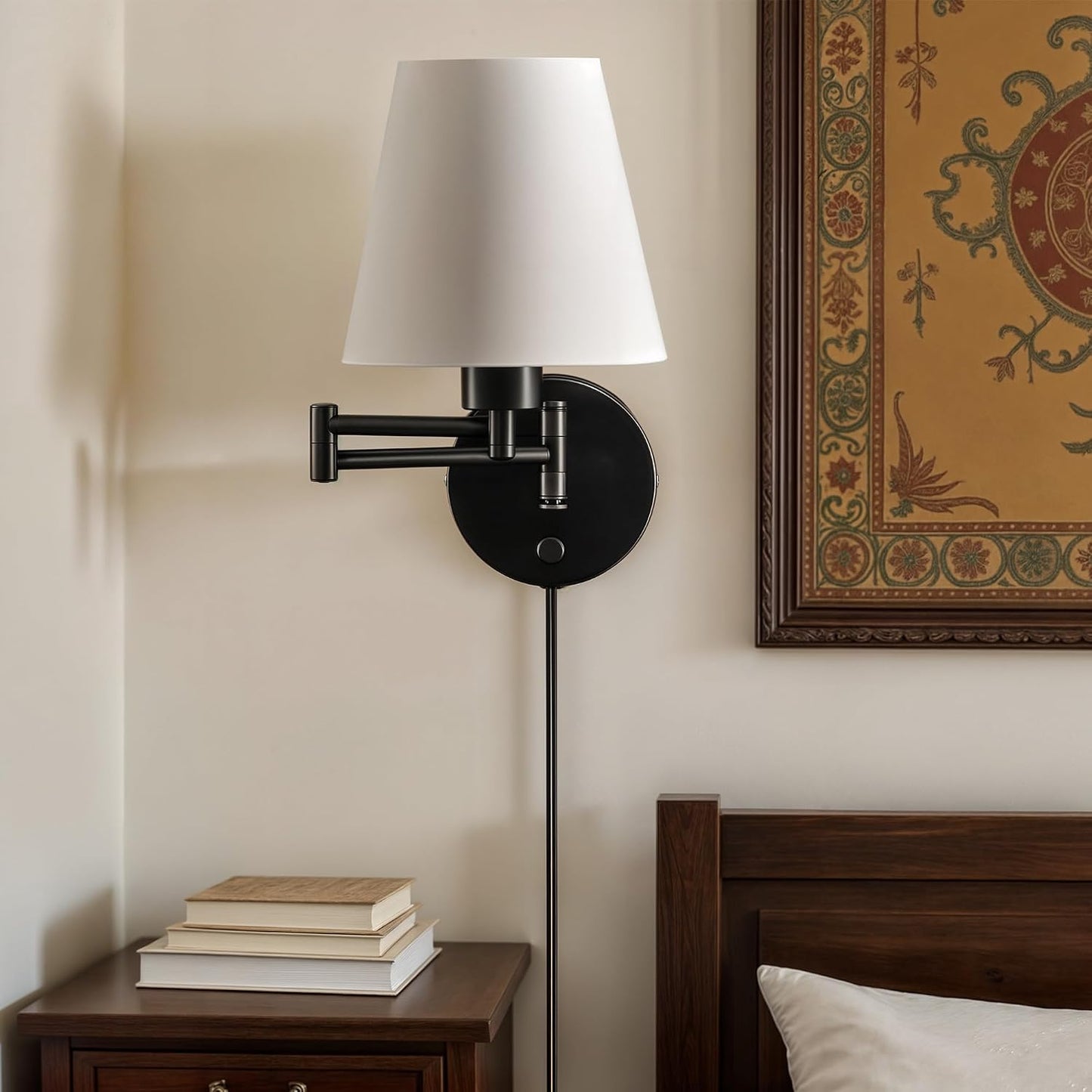 VONLUCE Wall Lamp, Plug in & Swing Arm Wall Sconce, Black Finish | Modern Wall Lights with White Fabric Shades, Plug in